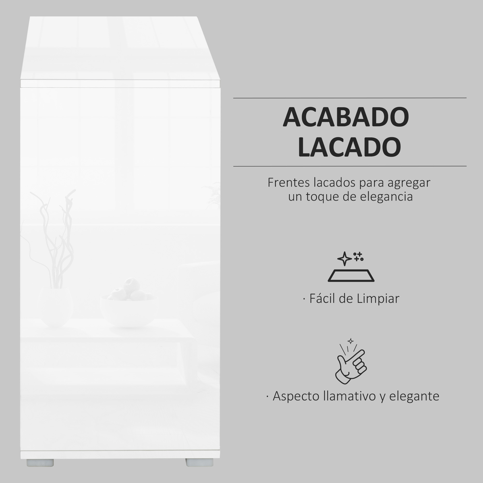 Mueble blanco con texto e iconos de brillo y fácil limpieza.
