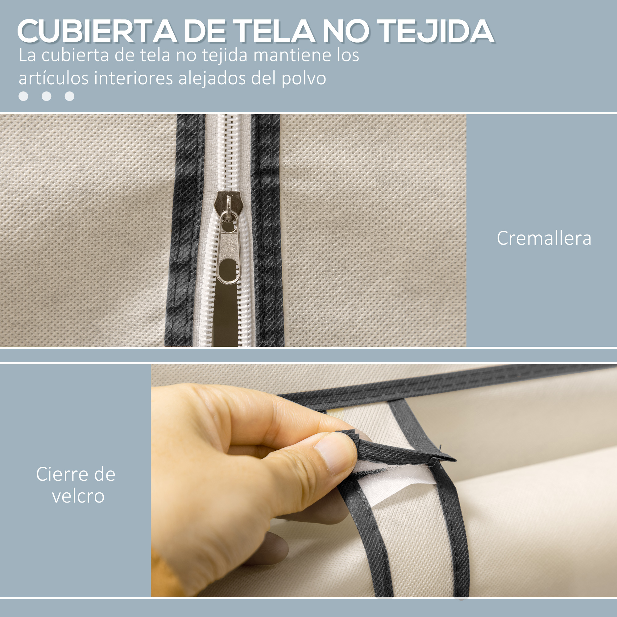 Primer plano de una cremallera y una pestaña de velcro en una cubierta de tela color crema.