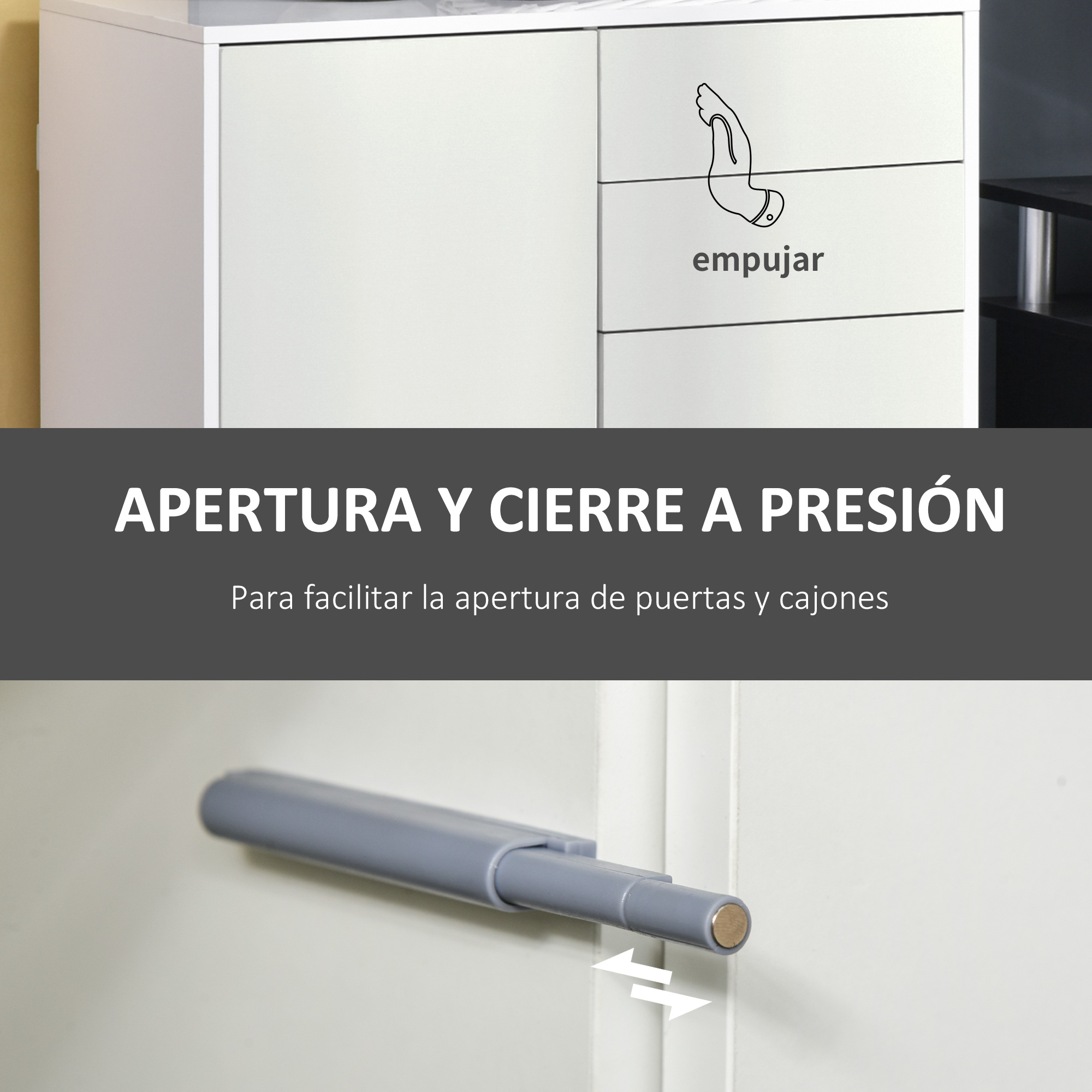 Herraje gris de apertura a presión para muebles, con flechas indicando abrir y cerrar.
