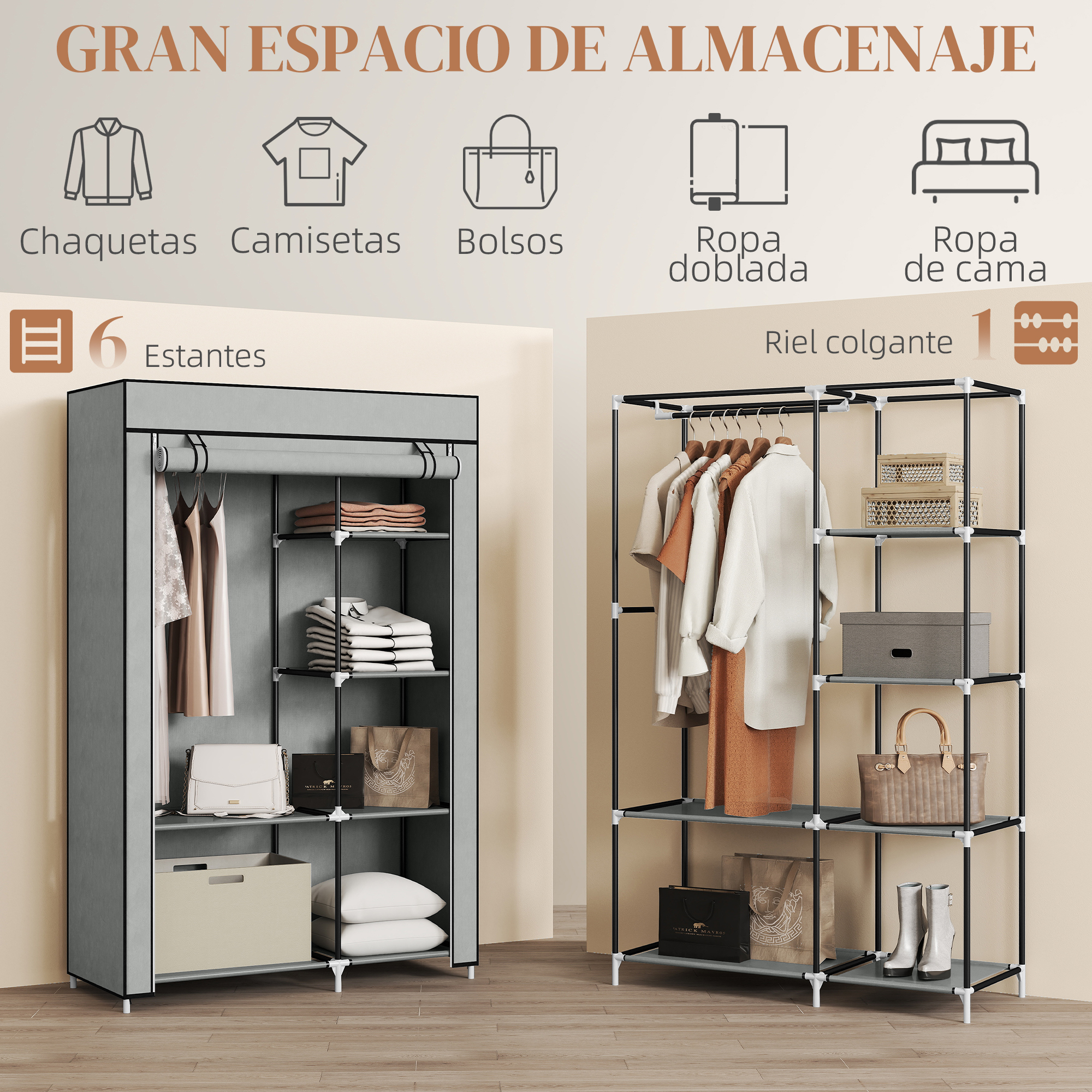 Un armario de tela gris y una estantería abierta con ropa y bolsos.