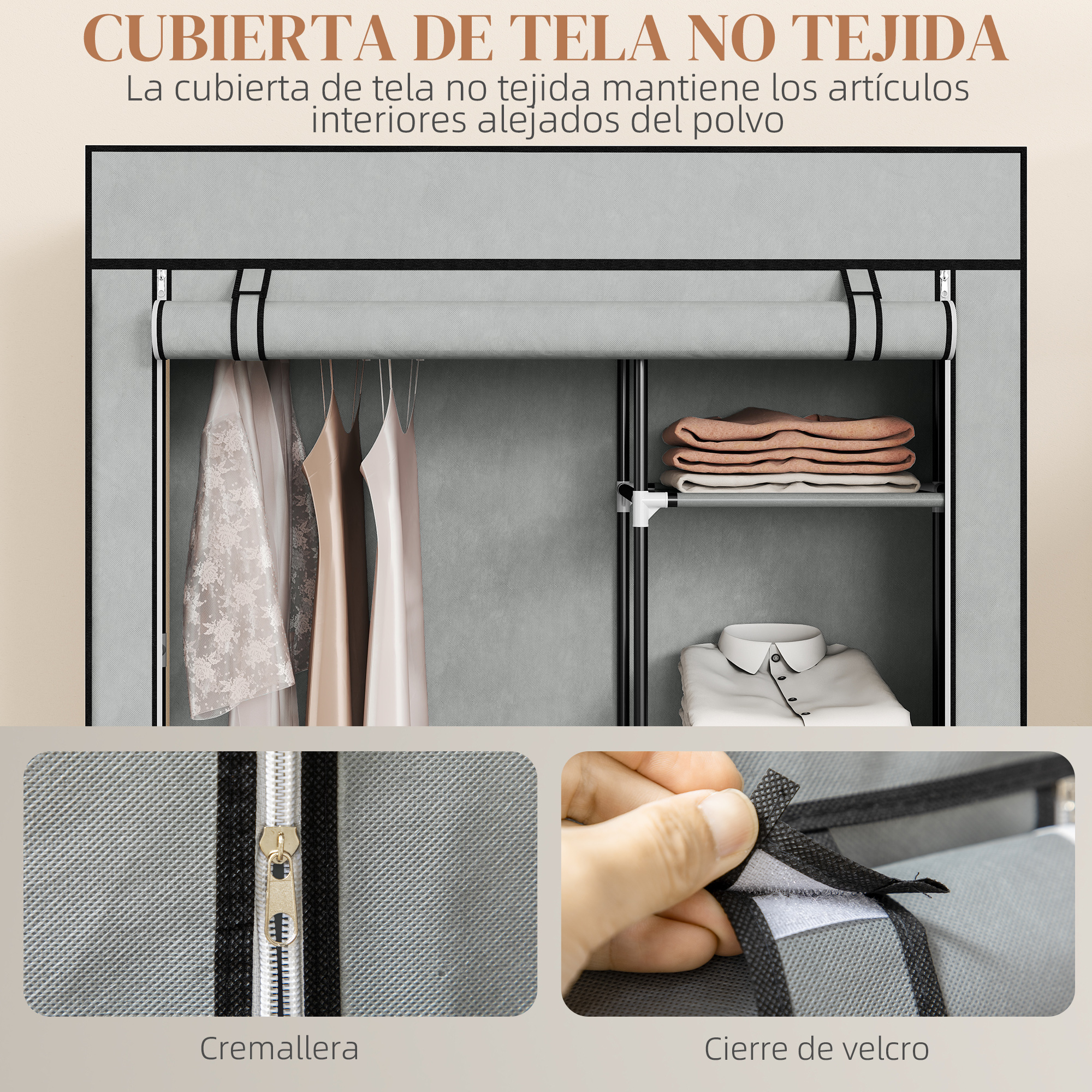 Armario de tela gris con ropa, prendas dobladas y camisa. Cierre de cremallera y velcro.