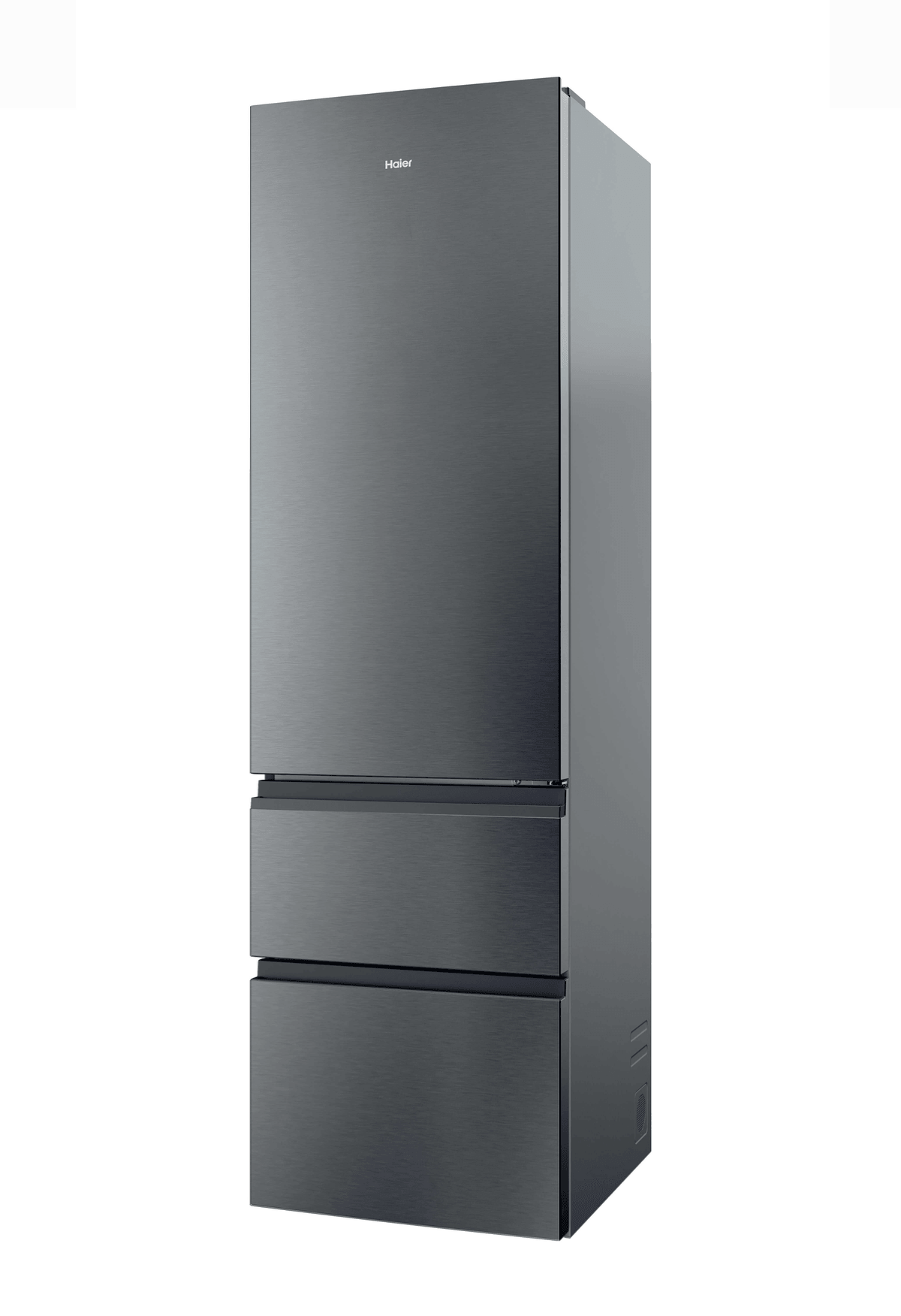 Refrigerador gris oscuro con tres cajones y logotipo Haier.