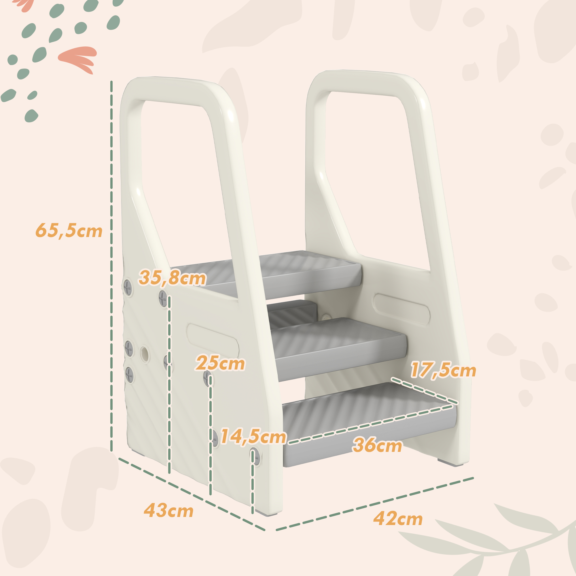 Un taburete escalonado beige de tres peldaños con peldaños grises.