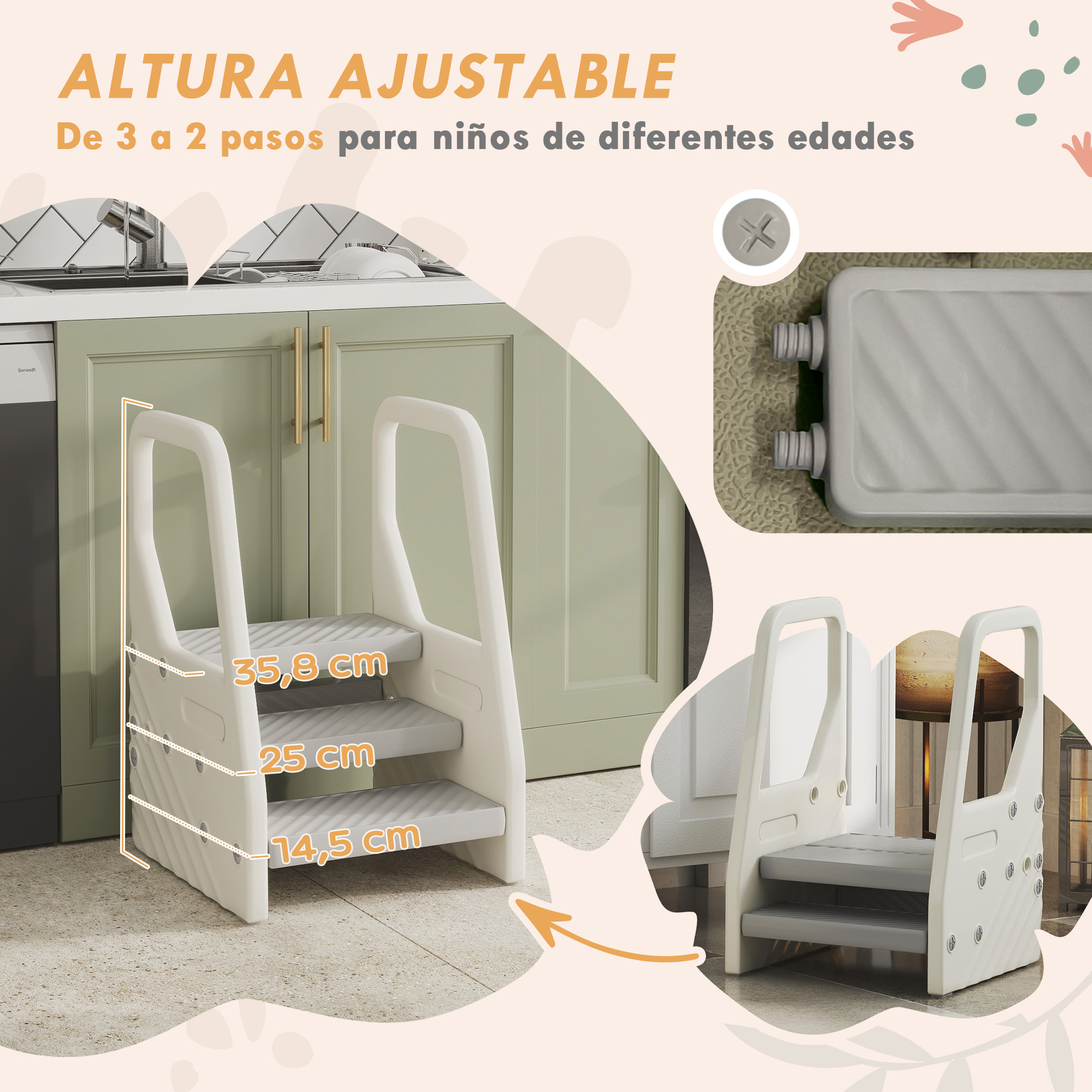 Taburete escalonado ajustable para niños, 3-2 escalones. Dimensiones mostradas.