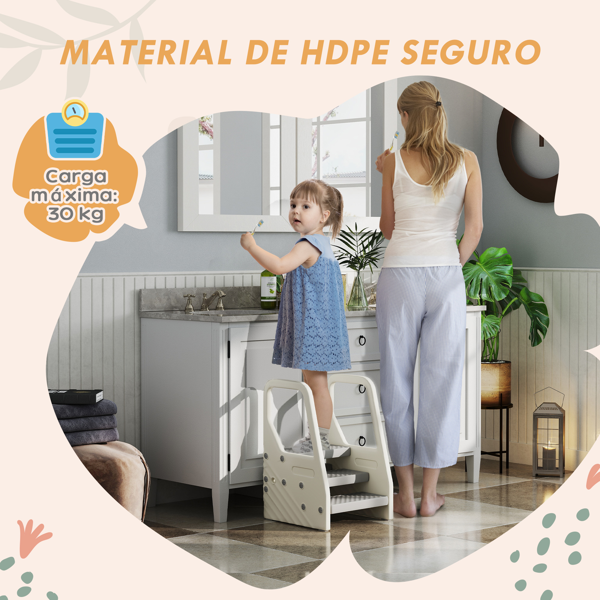 Madre e hija se lavan los dientes. Niña en escalón.