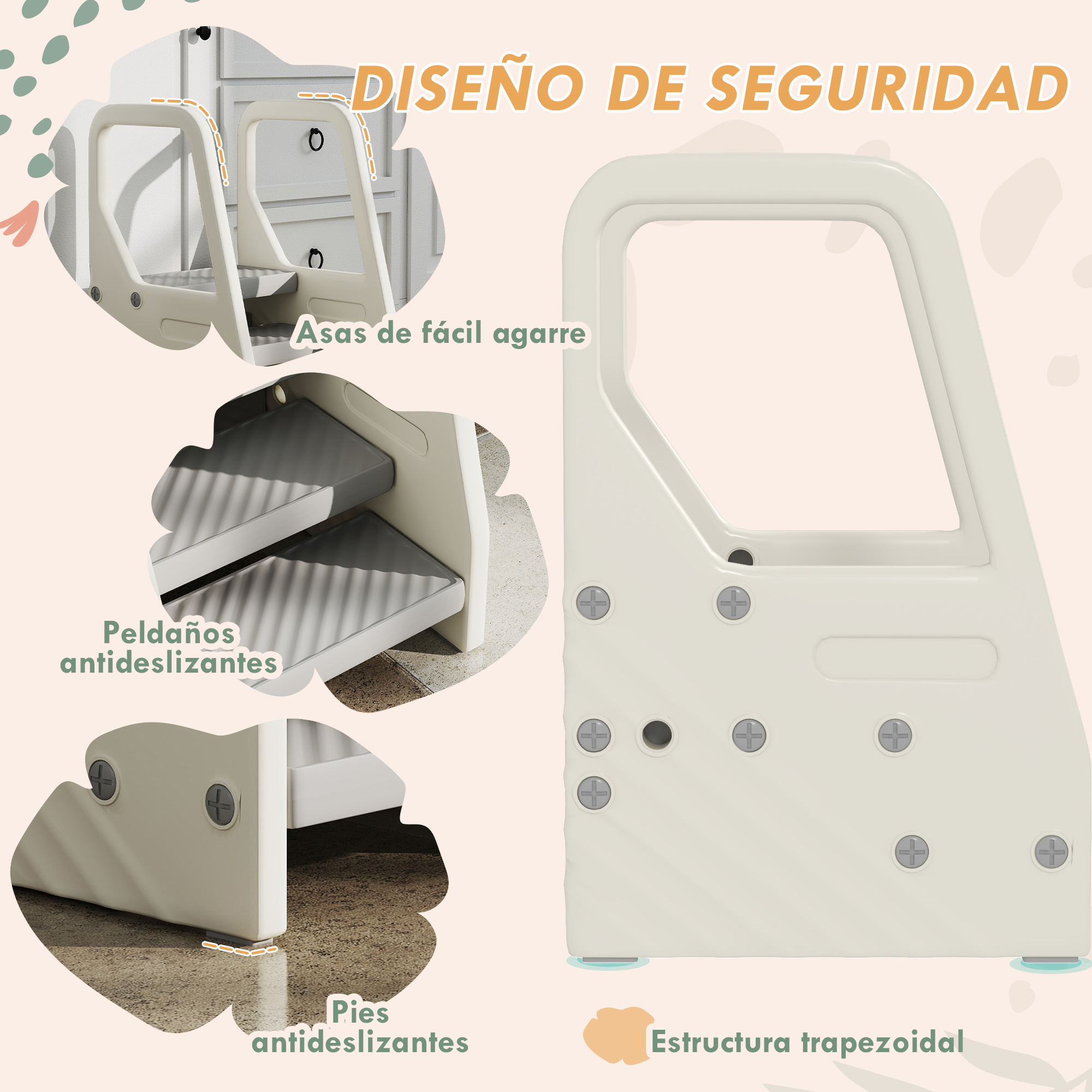 Diseño de seguridad: asas de fácil agarre, peldaños y pies antideslizantes.