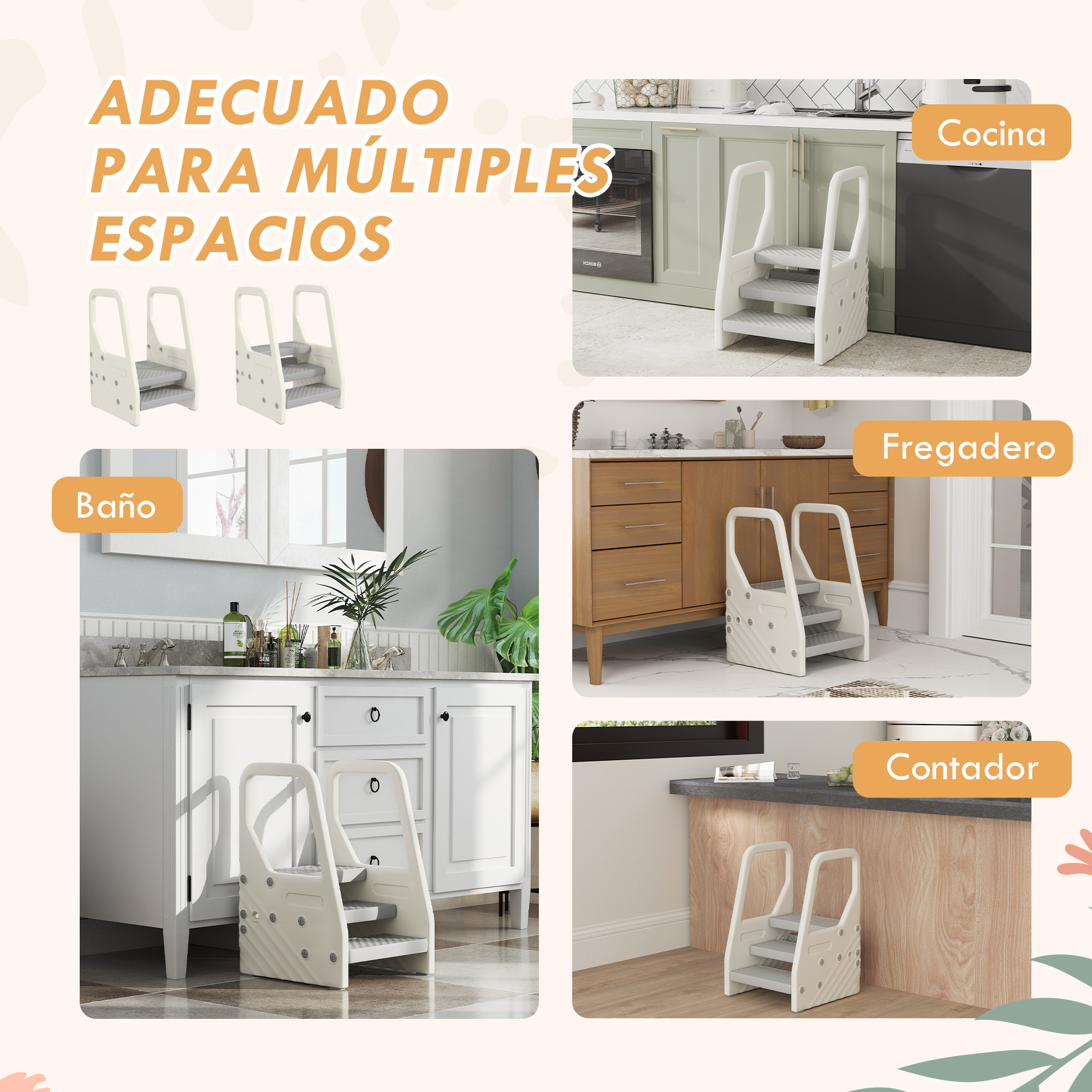 Un taburete blanco con asas y dos escalones, mostrado en cocina, baño y mostrador.