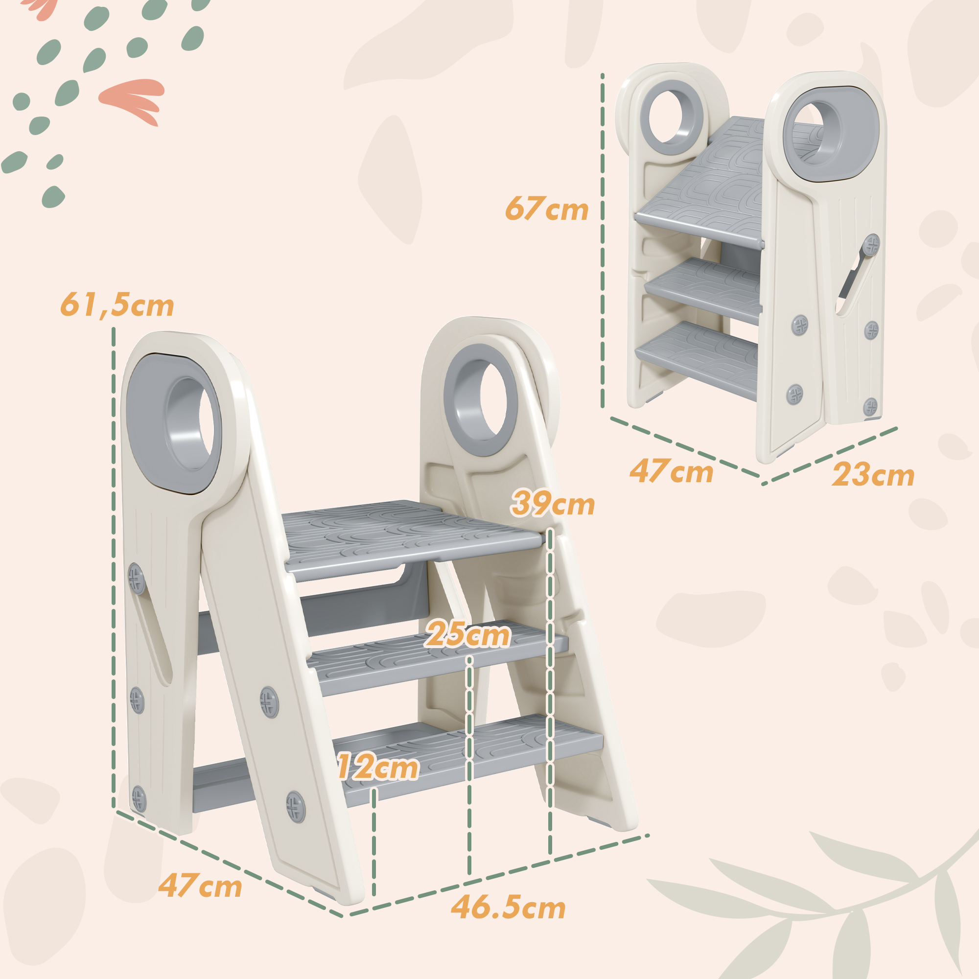 Un tobogán infantil beige con escalones grises y dimensiones.