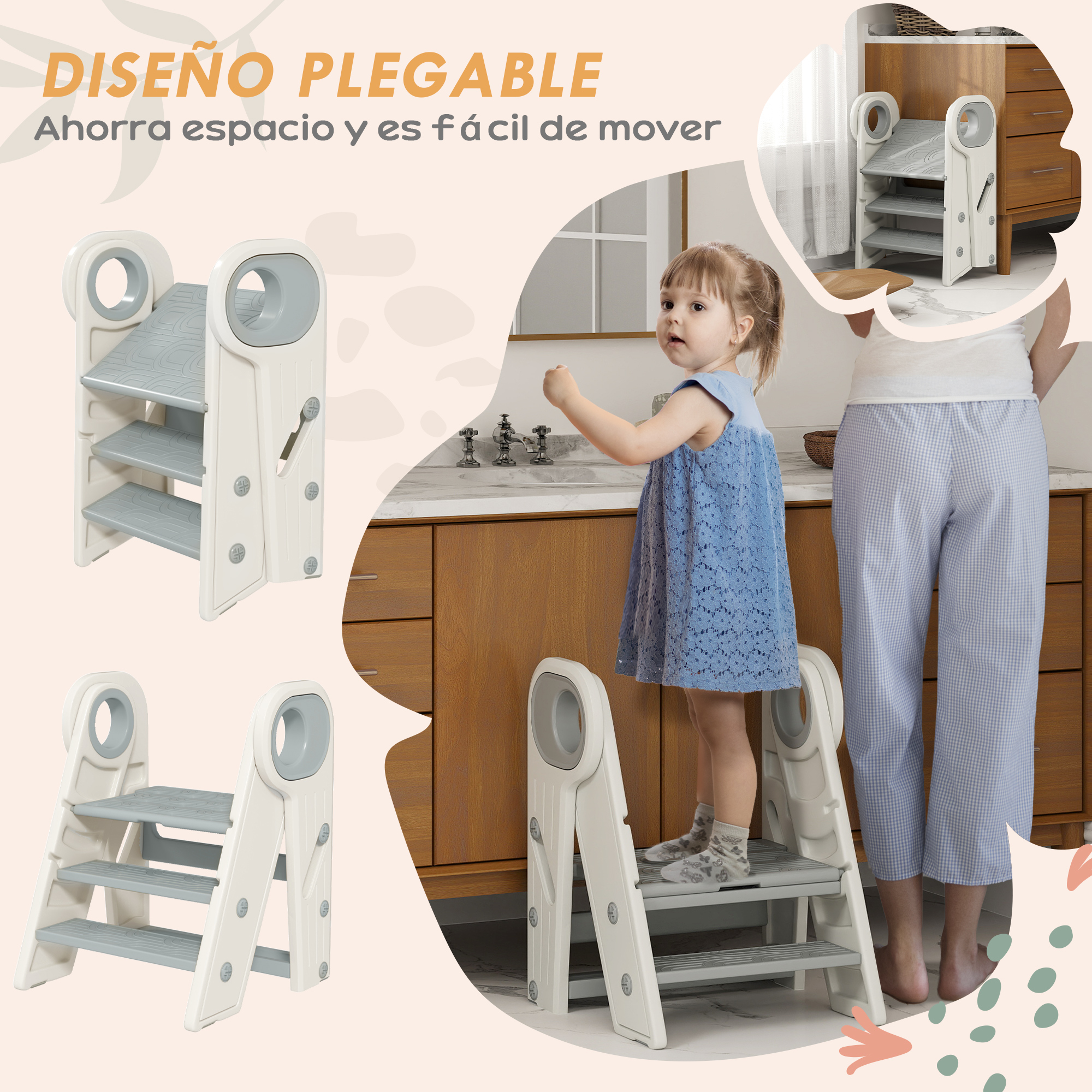 Una niña pequeña se para en un taburete plegable junto a un lavabo.