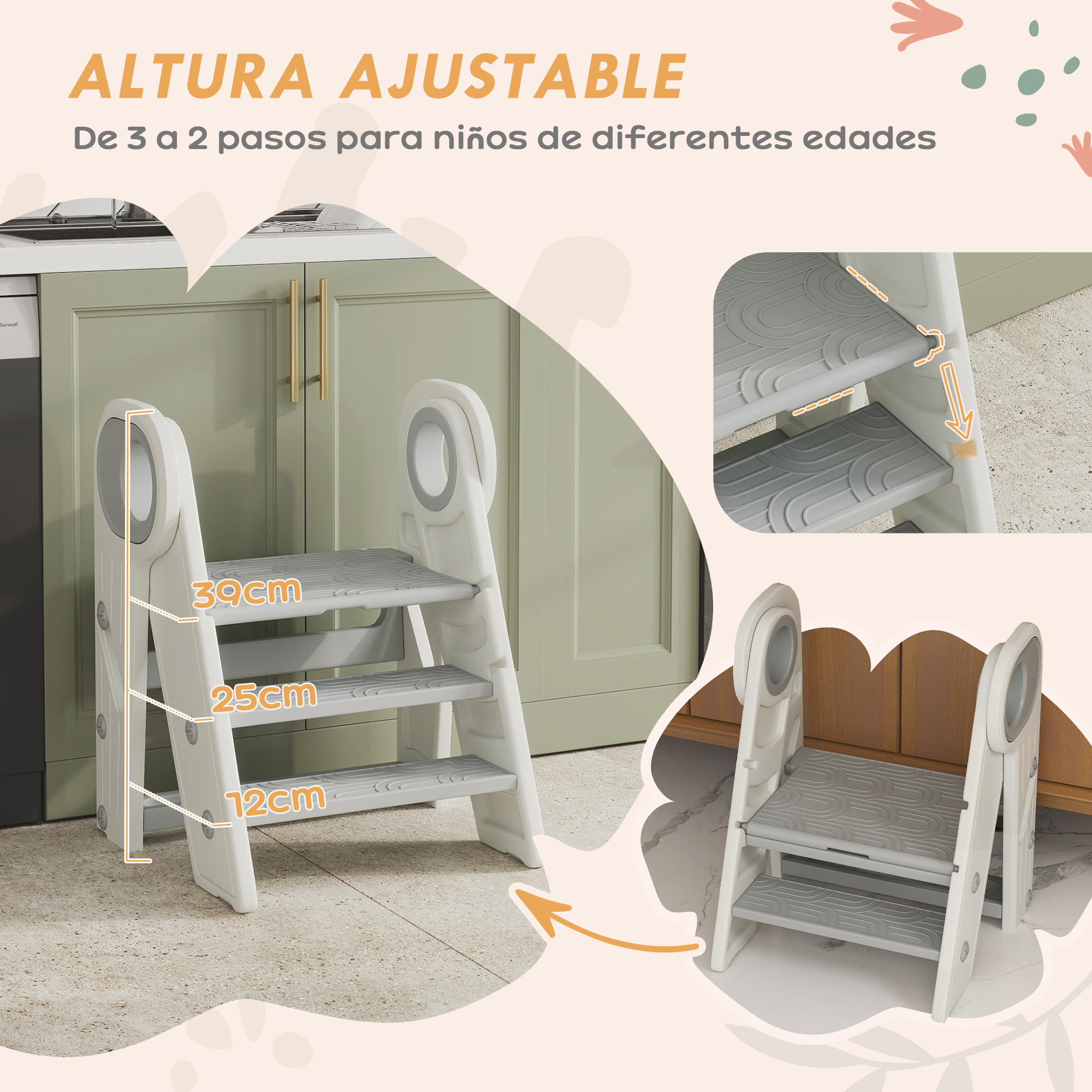 Un taburete blanco de 2 escalones en una cocina. Marcas de altura visibles.