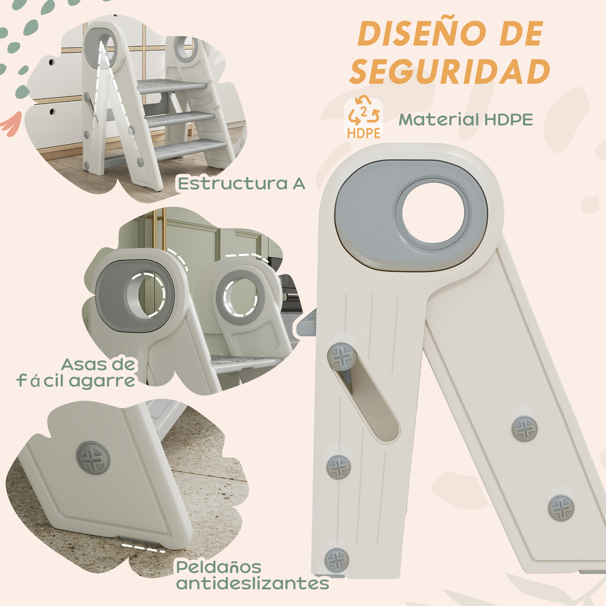Un taburete escalonado beige para niños con tres escalones y peldaños antideslizantes.