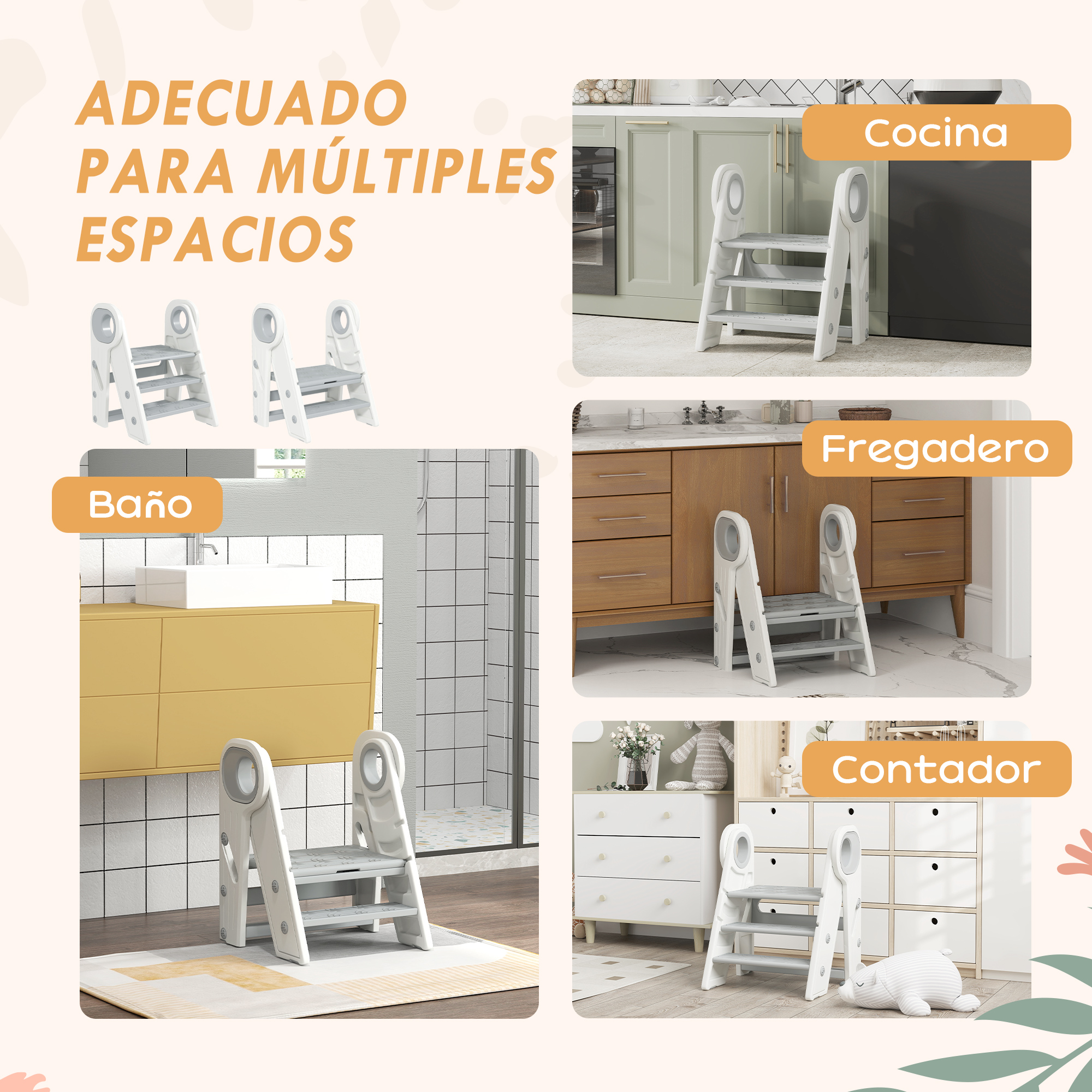 Un taburete blanco mostrado en varias habitaciones: cocina, baño, lavabo, mostrador.