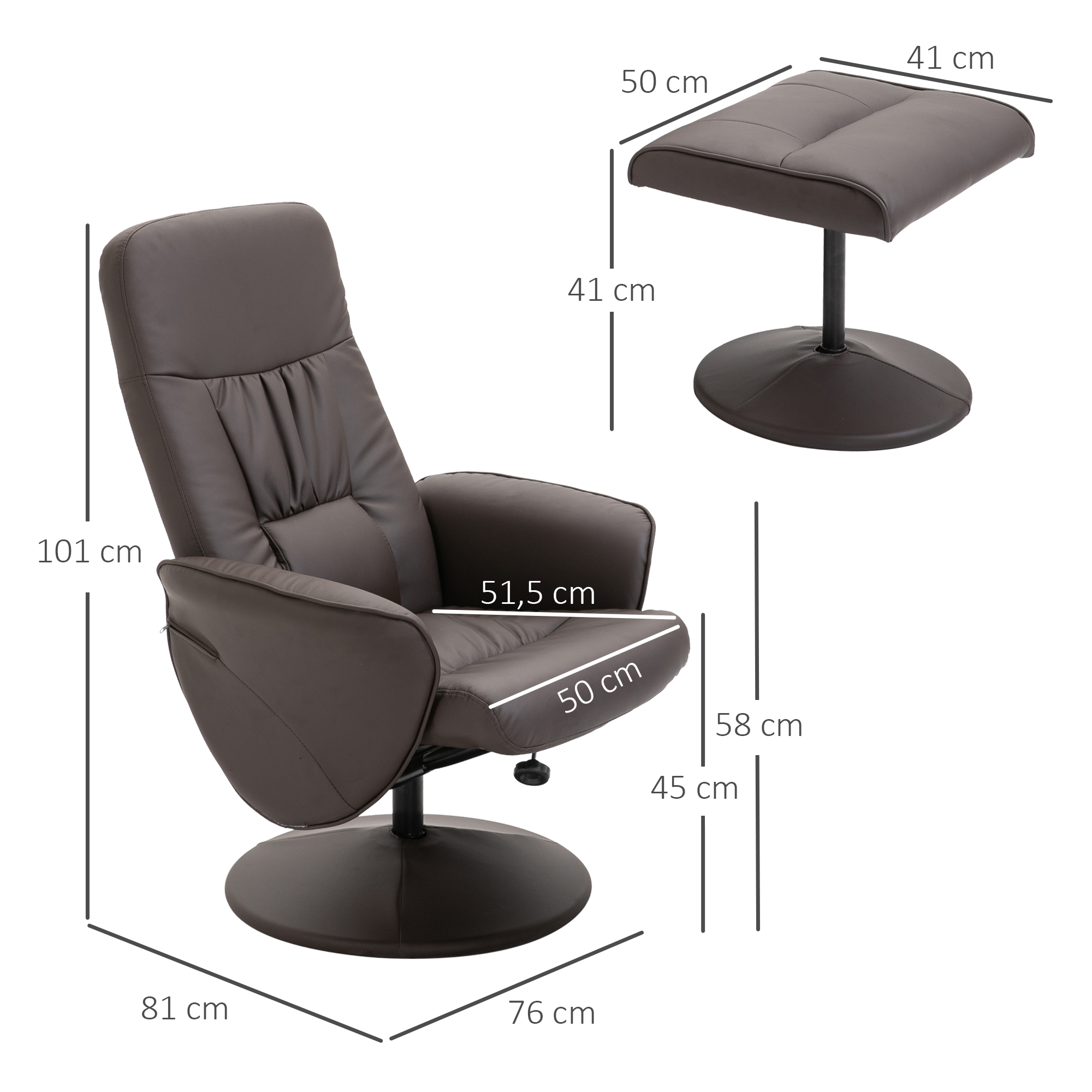 Un sillón de cuero sintético marrón con otomana y dimensiones.