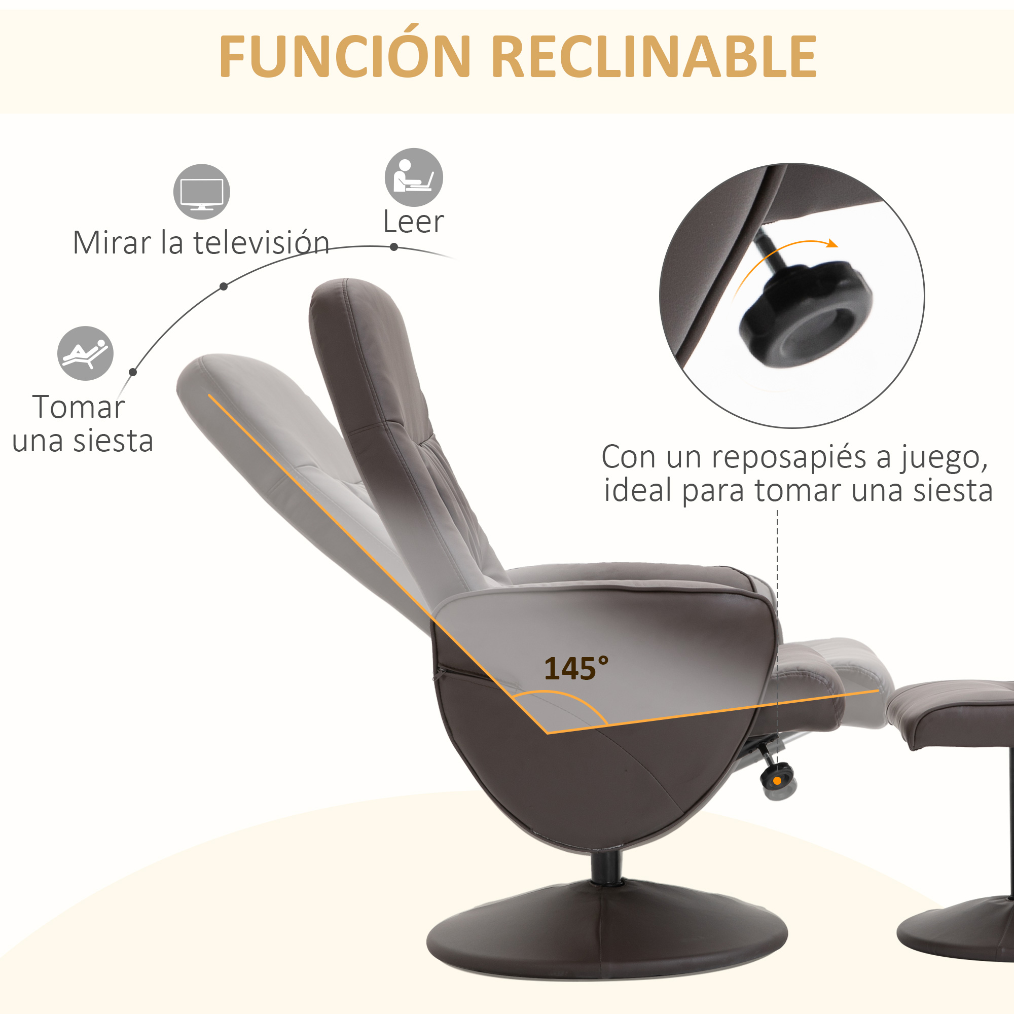 Un sillón reclinable marrón con reposapiés a juego mostrando posiciones.