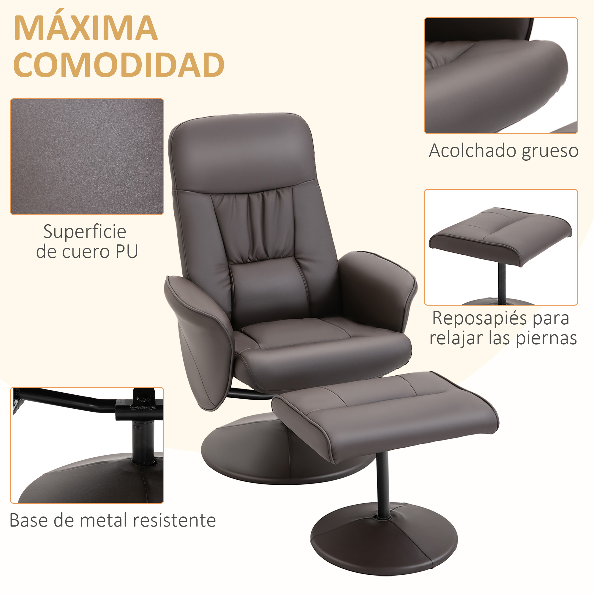 Sillón reclinable marrón de cuero PU con reposapiés, asiento acolchado y base metálica.