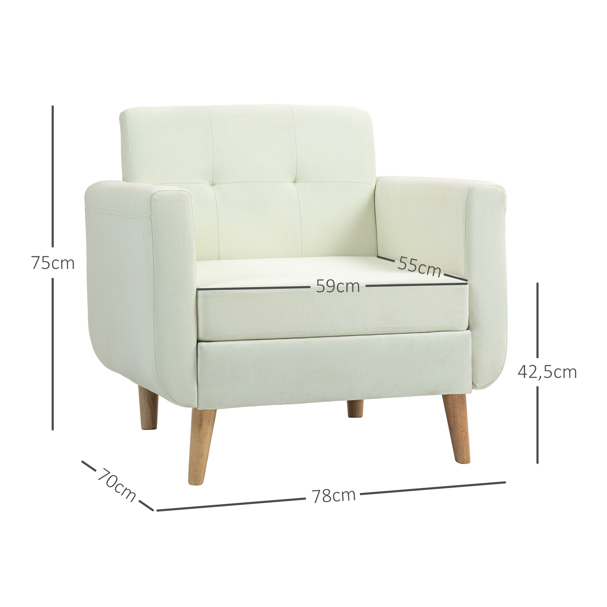 Un sillón color crema con patas de madera, se muestran las dimensiones.