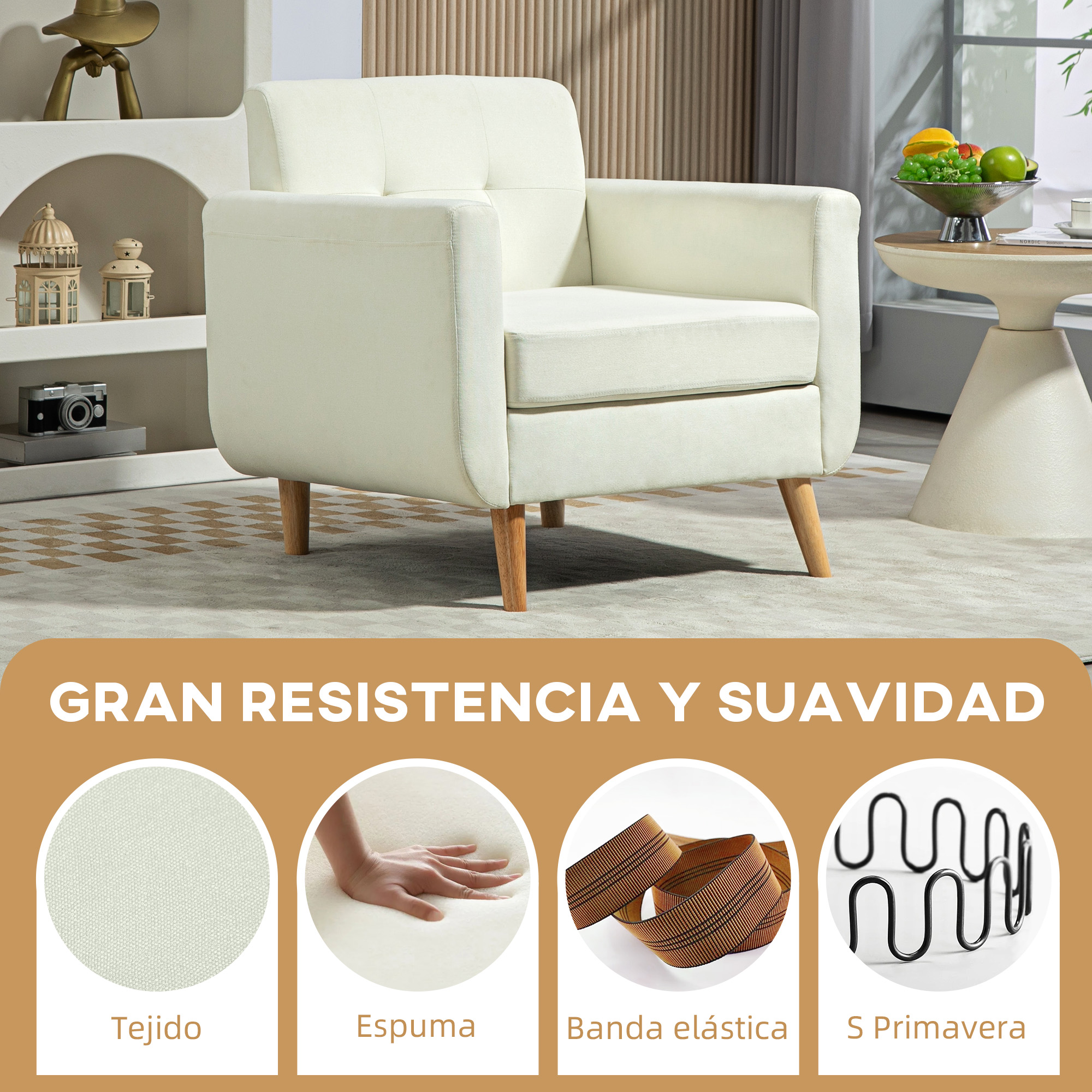 Un sillón color crema con patas de madera, junto a una mesa auxiliar con frutero.
