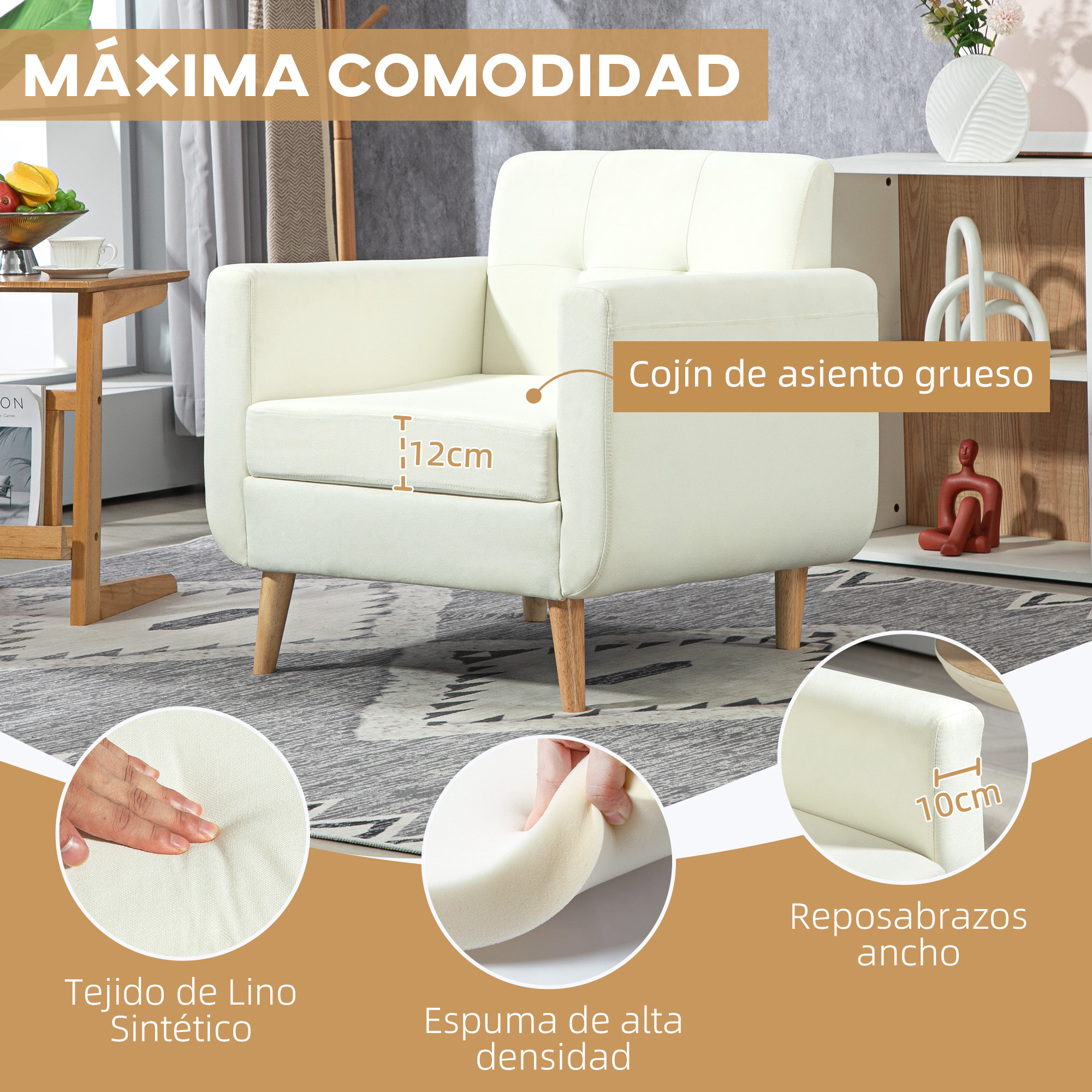 Un sillón crema con patas de madera, mostrando detalles de tela y espuma.