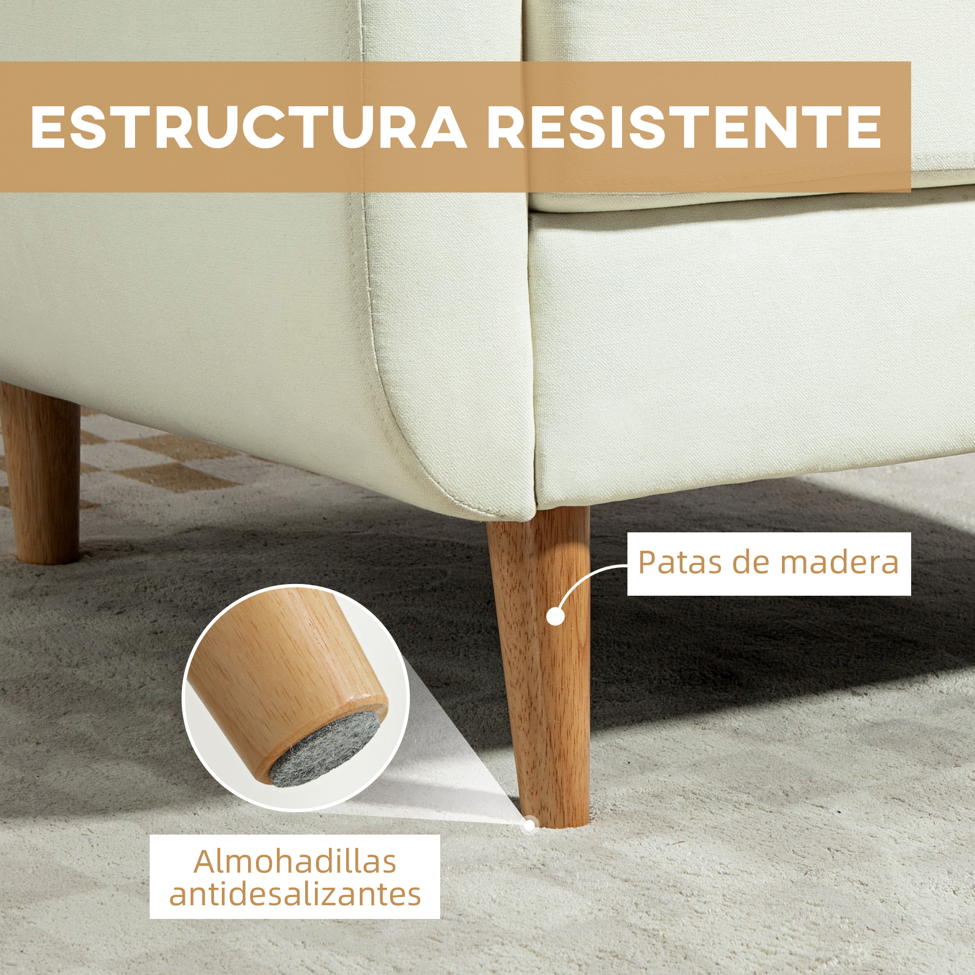 Rincon de sofá con patas de madera y almohadillas antideslizantes.