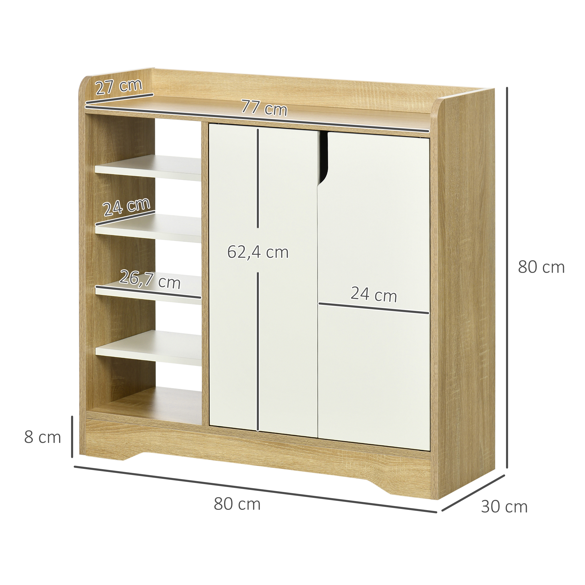 Un mueble de madera con puertas blancas y estantes abiertos.