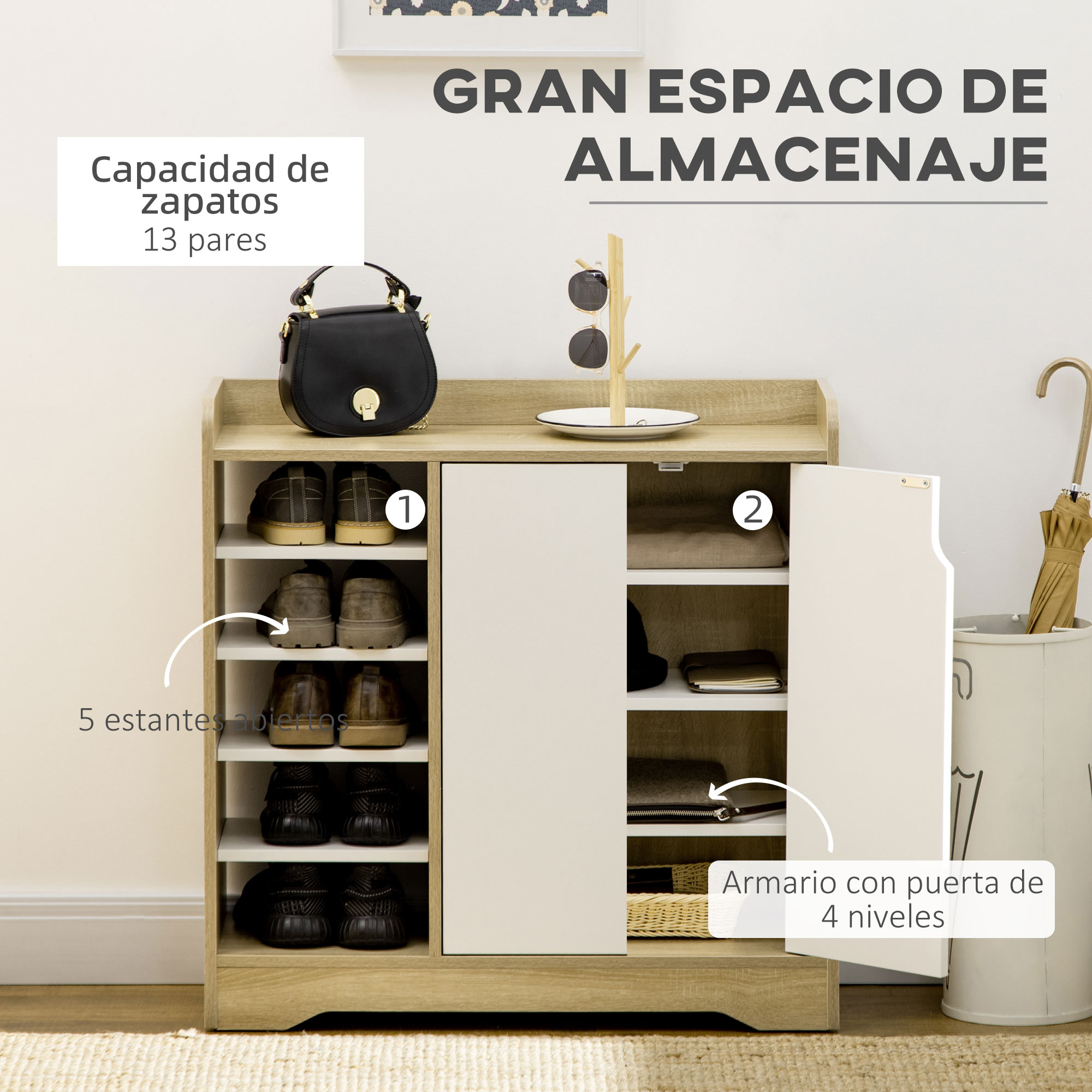 Un zapatero con estantes abiertos a un lado y un armario cerrado al otro.