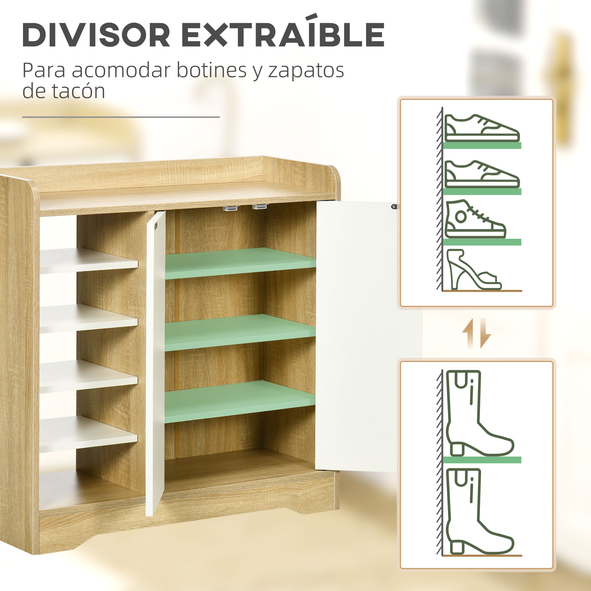 Zapatero de madera con estantes blancos y verdes. Ilustraciones muestran zapatos.