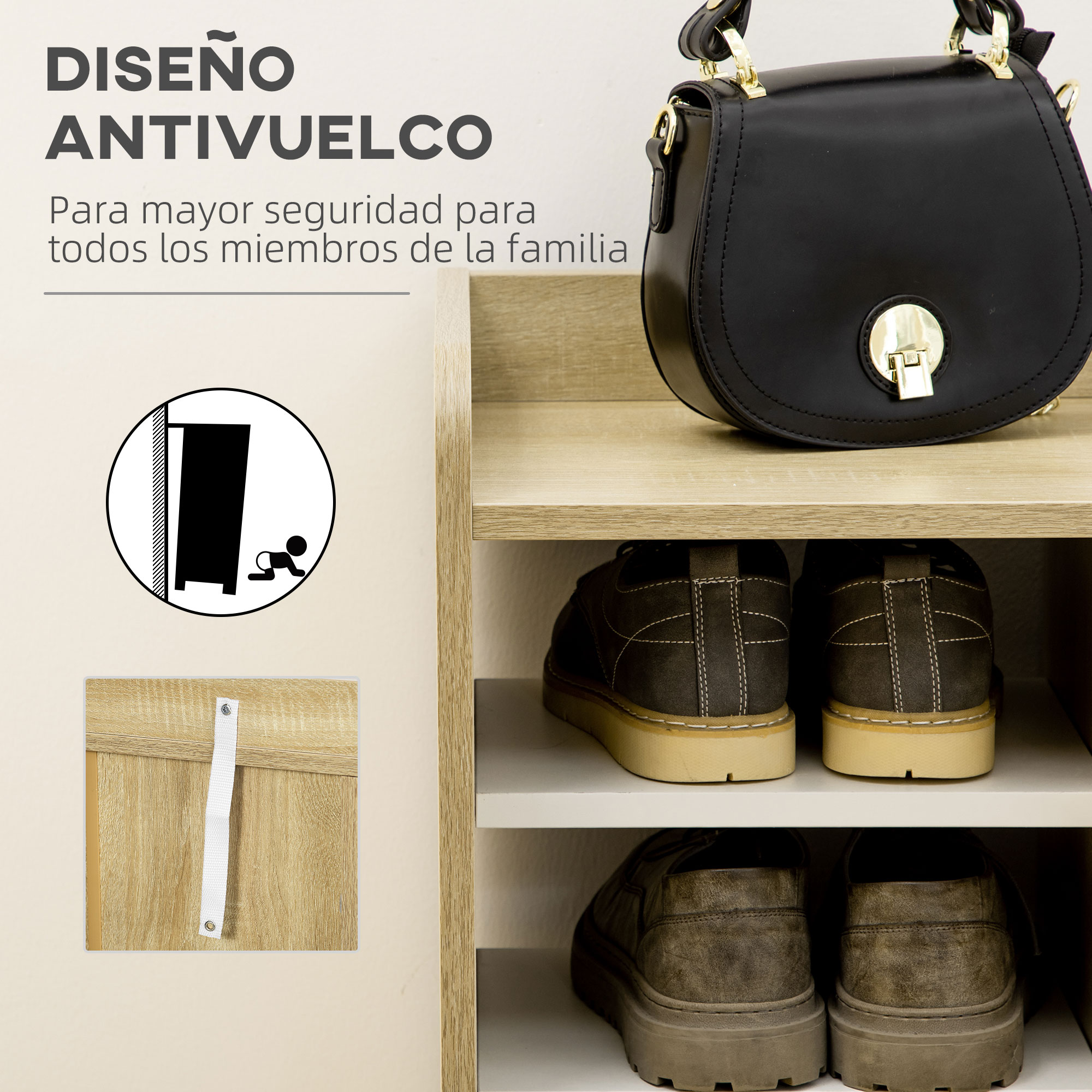 Bolso negro en estante de madera sobre zapatos. Símbolo de advertencia al lado.