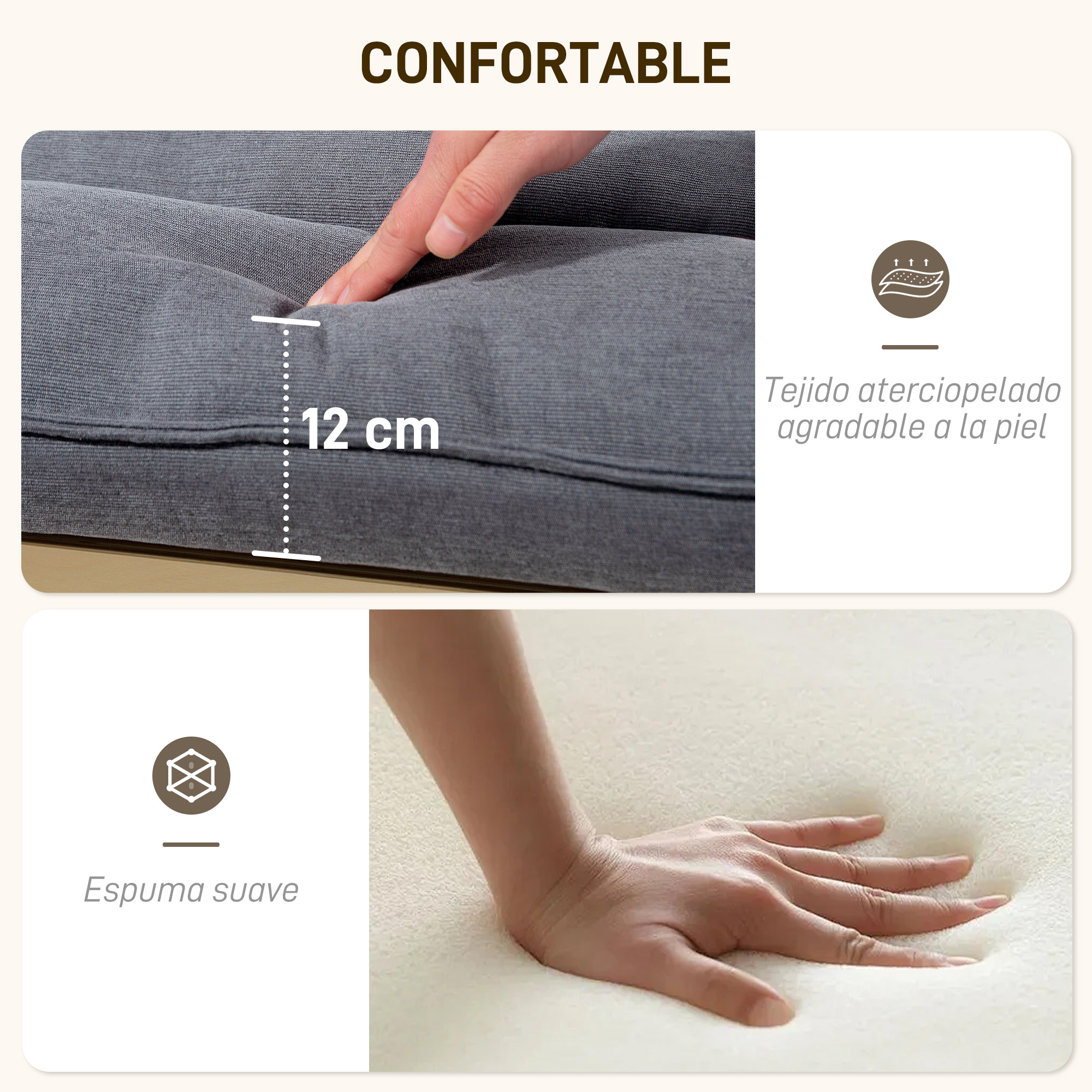 Una mano presiona un cojín gris de 12 cm. Espuma suave.