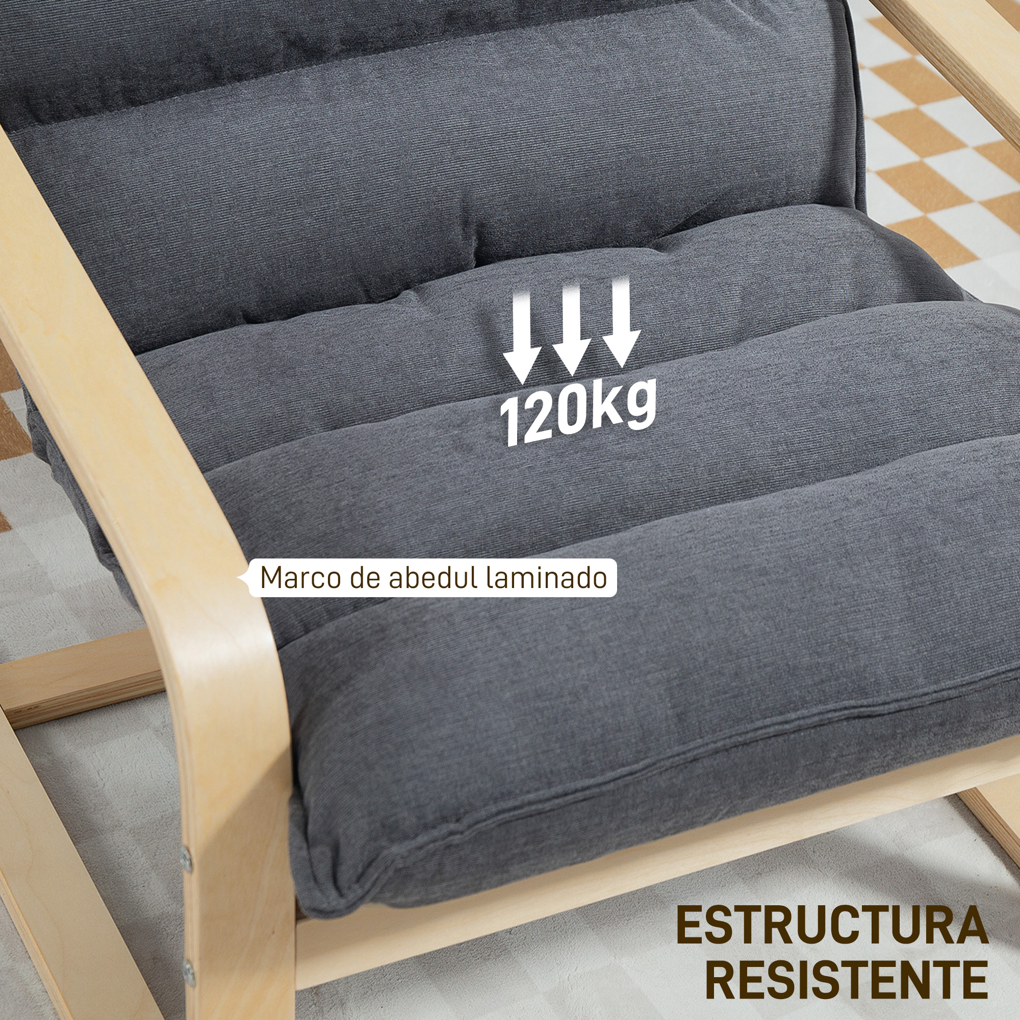 Silla tapizada gris con marco de madera, capacidad 120 kg.