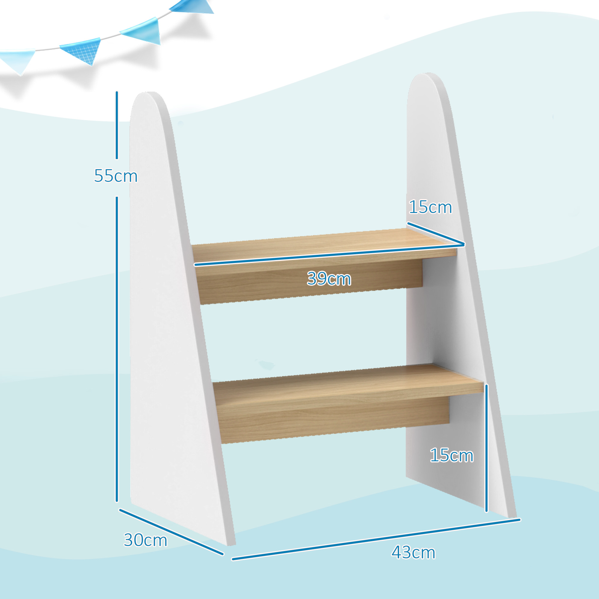 Estantería blanca de dos niveles con baldas de madera y dimensiones.