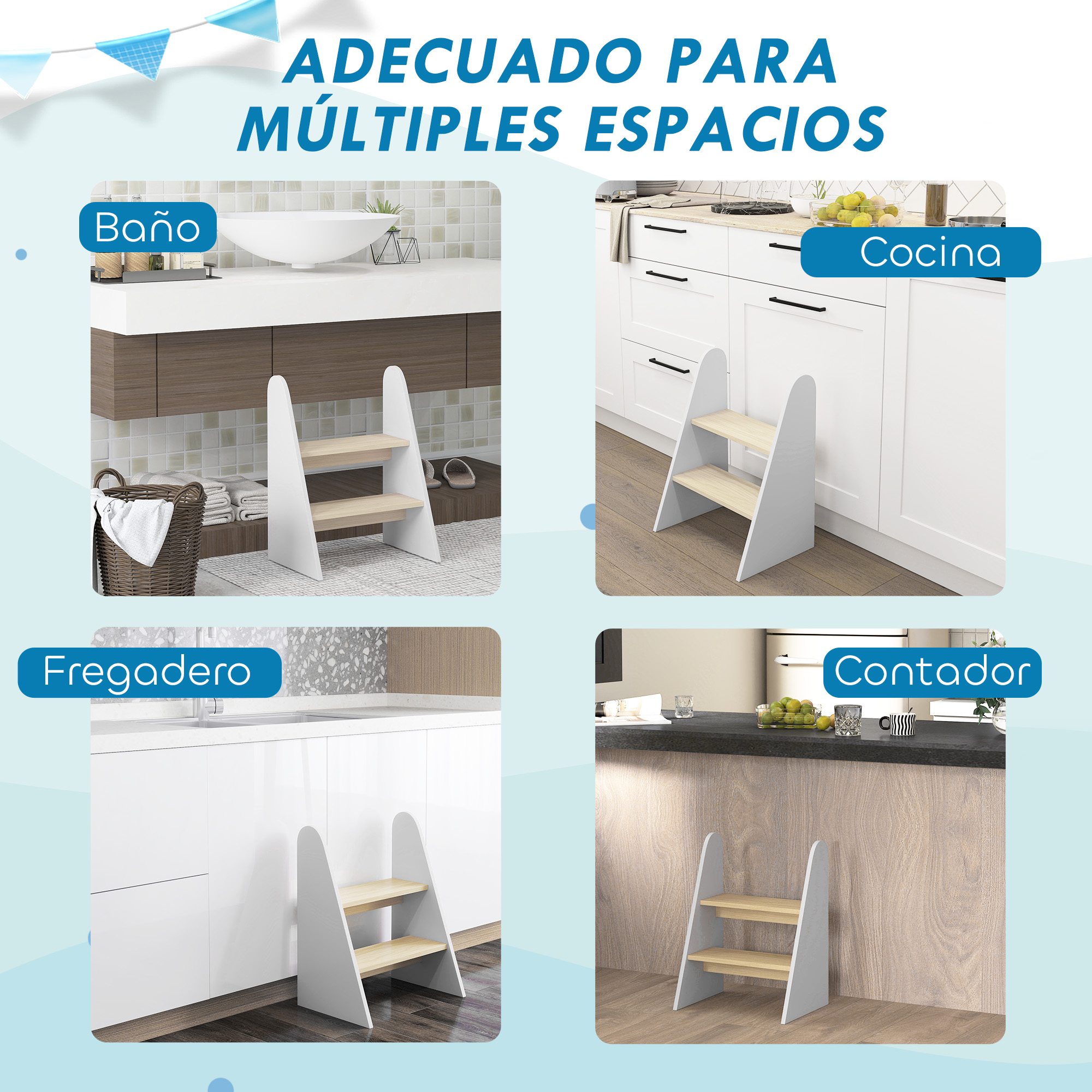 Un taburete de 2 escalones en baños, cocinas y mostradores.