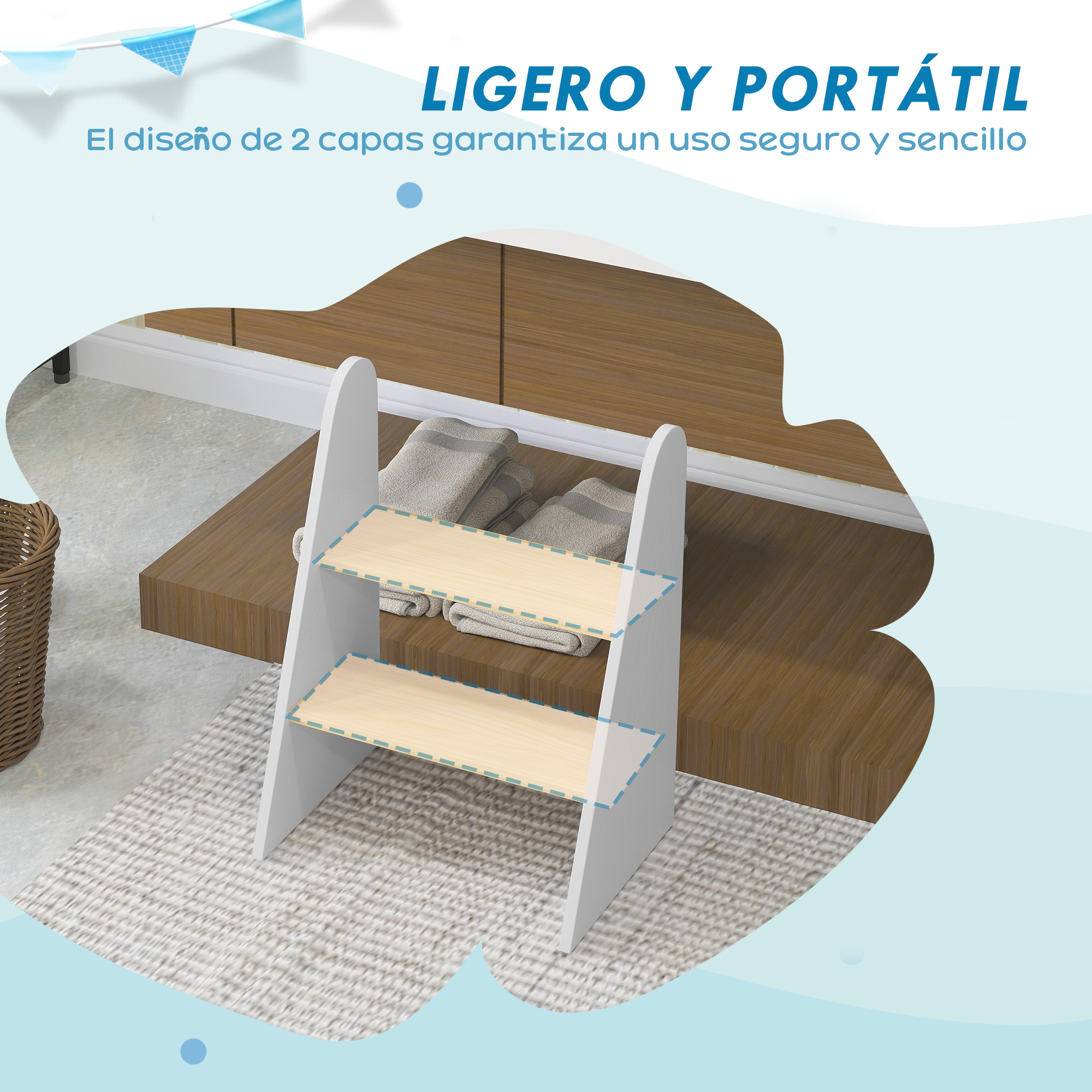 Un taburete blanco de 2 escalones con estantes de madera está sobre una alfombra.