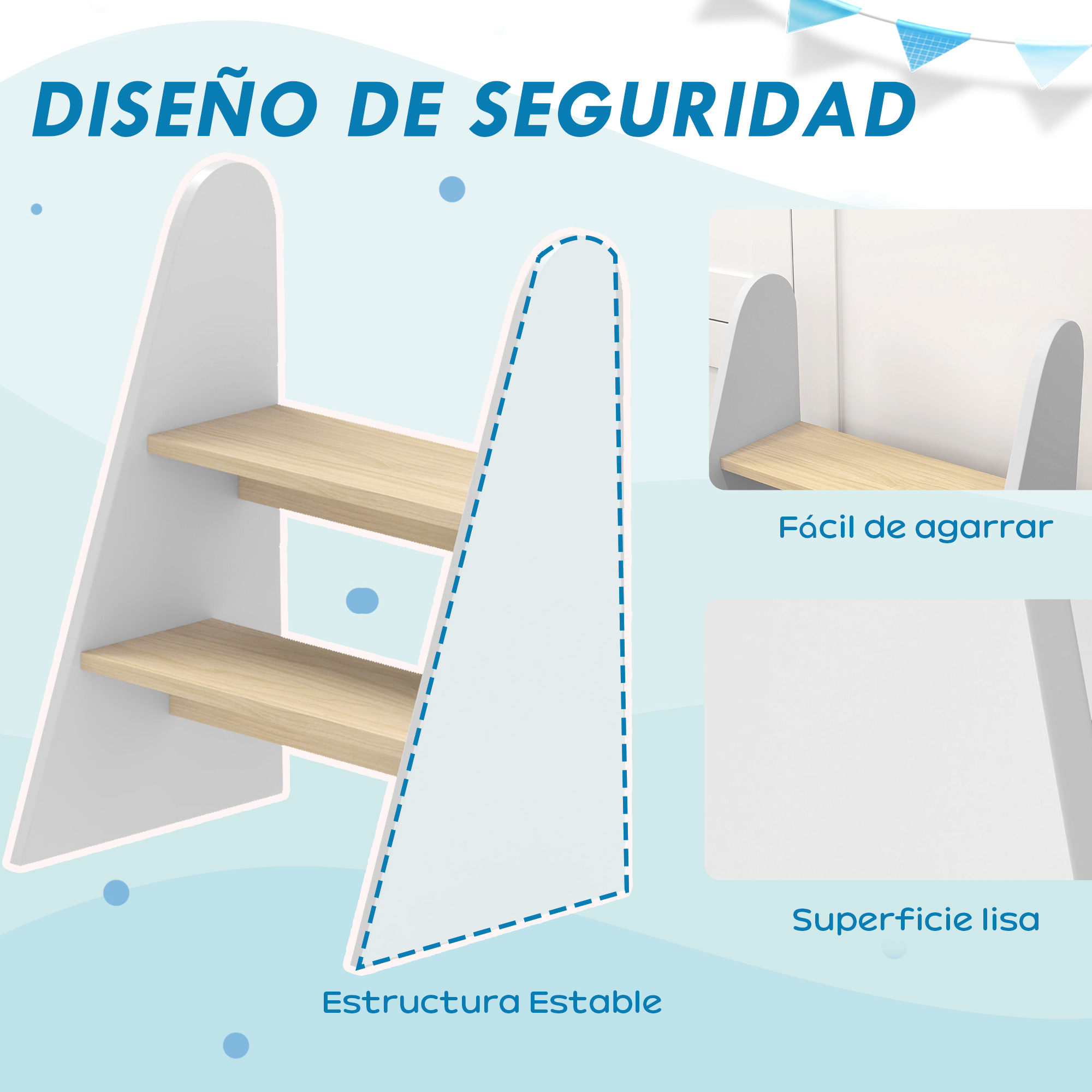 Estructura de escalera blanca con estantes de madera.