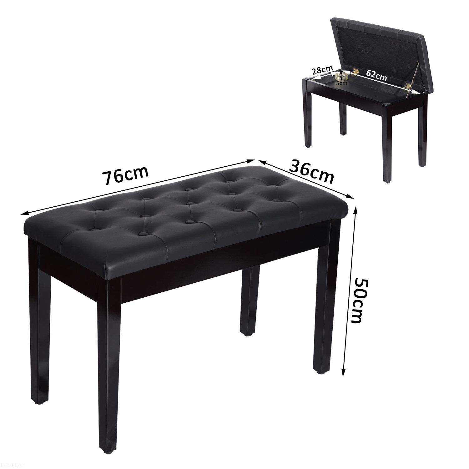 Banqueta de piano negra con asiento abatible y dimensiones.
