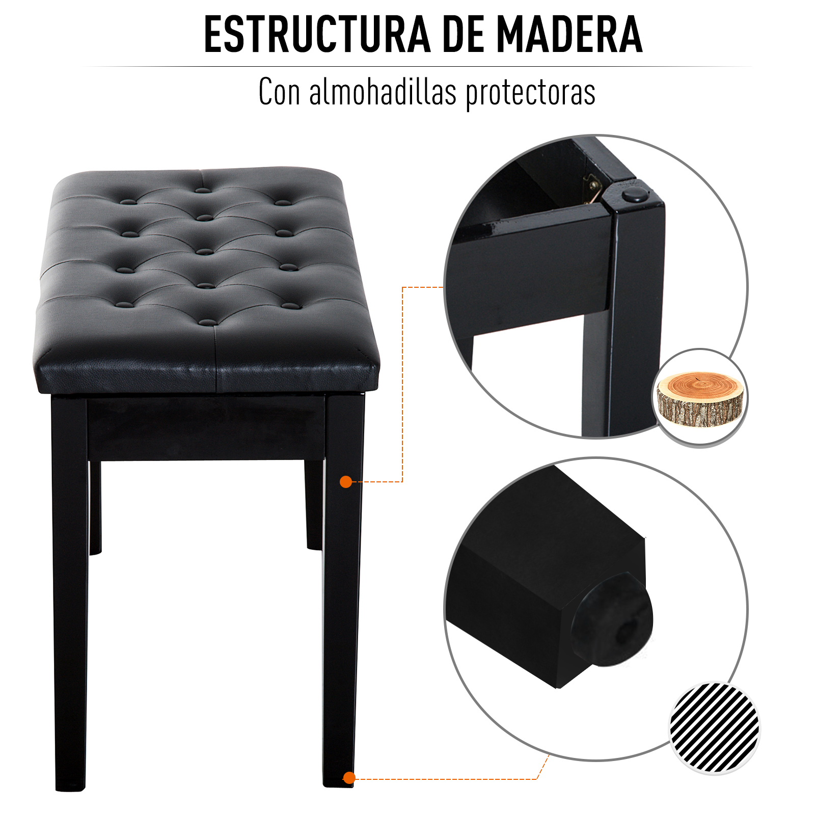 Banqueta de piano negra con asiento tapizado y detalles de madera, primeros planos de las patas.