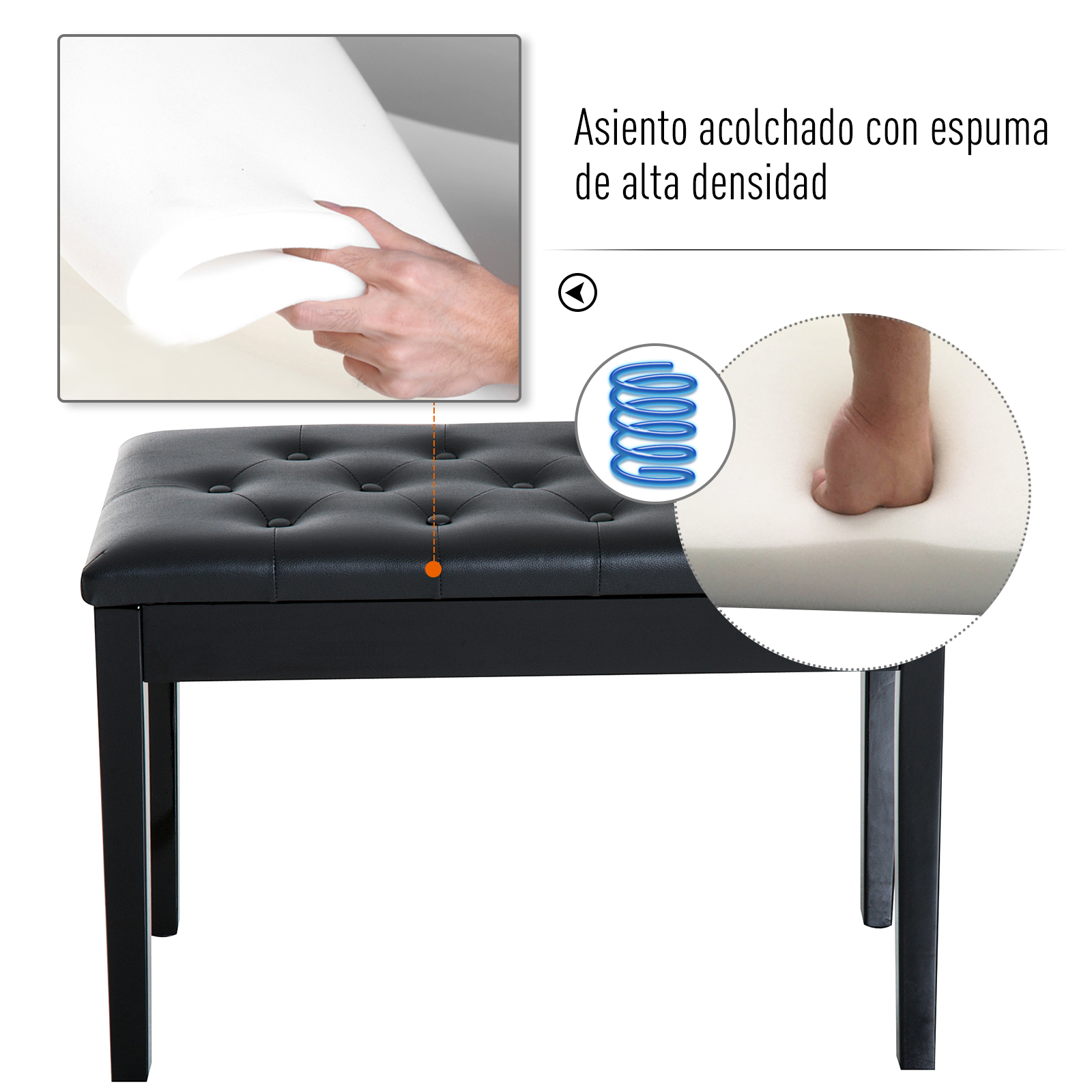 Banco negro abotonado con detalles de espuma y resorte.