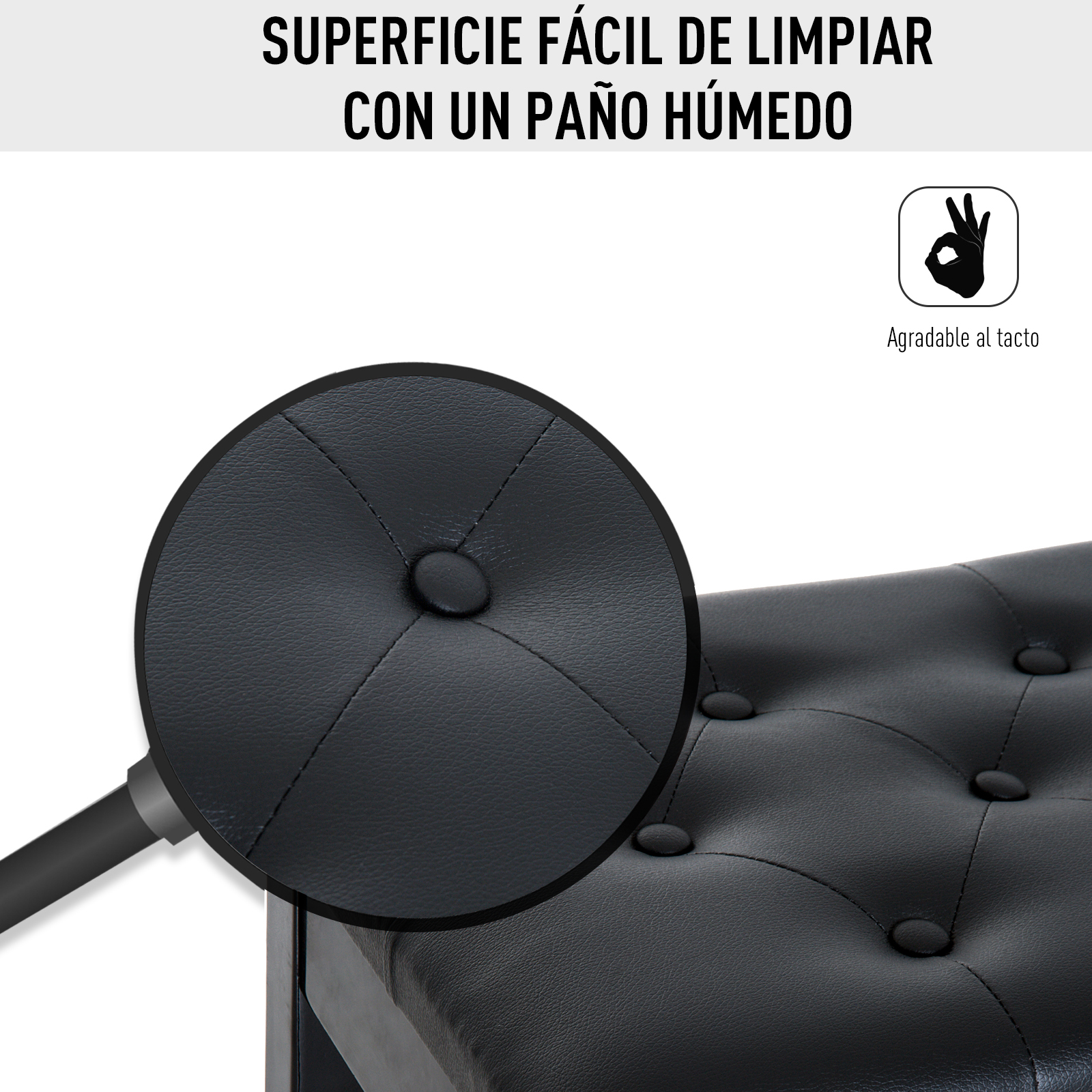 Primer plano de una superficie de cuero sintético negro acolchado con lupa. Se ve un símbolo de OK.