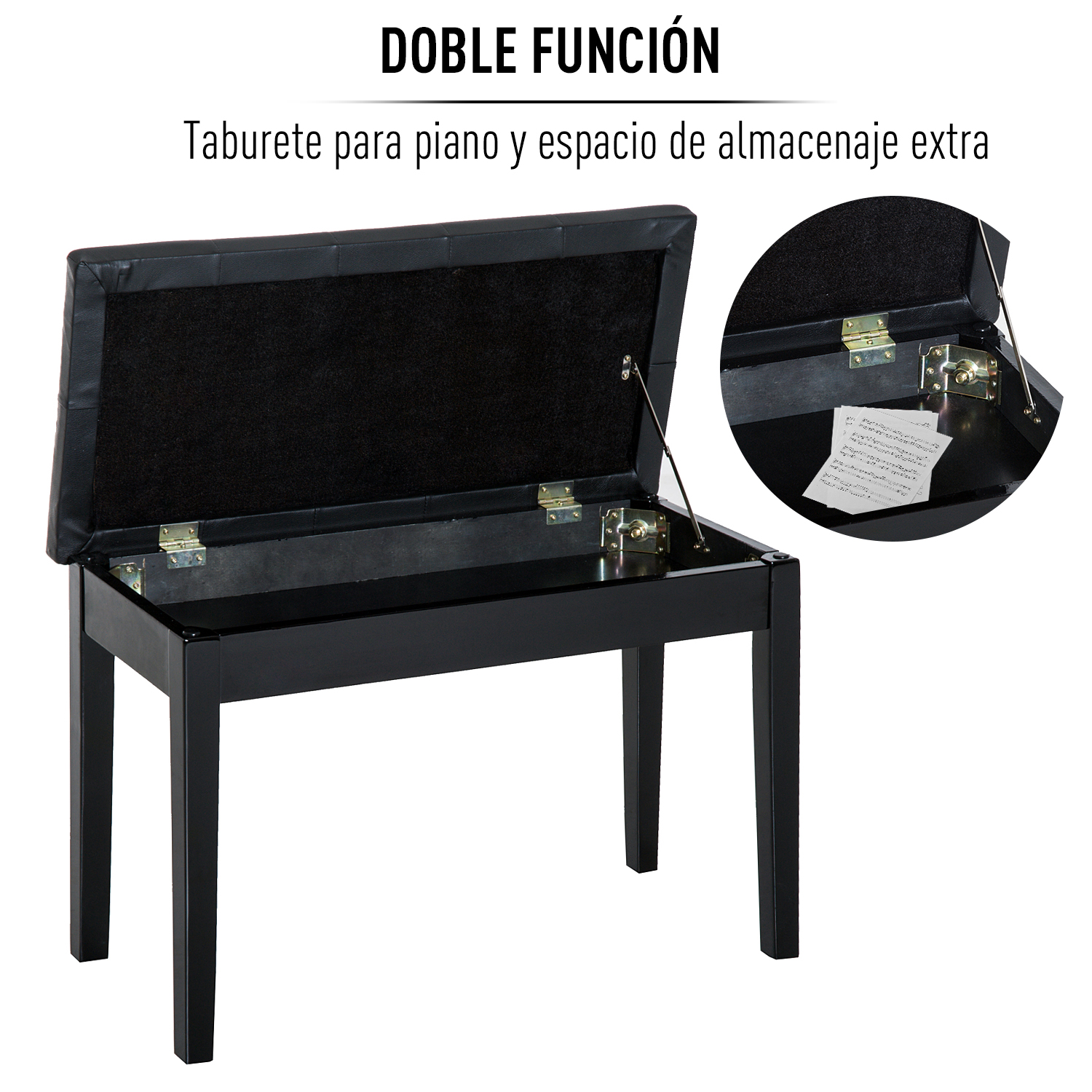 Banqueta de piano negra con compartimento de almacenamiento abierto y partituras.