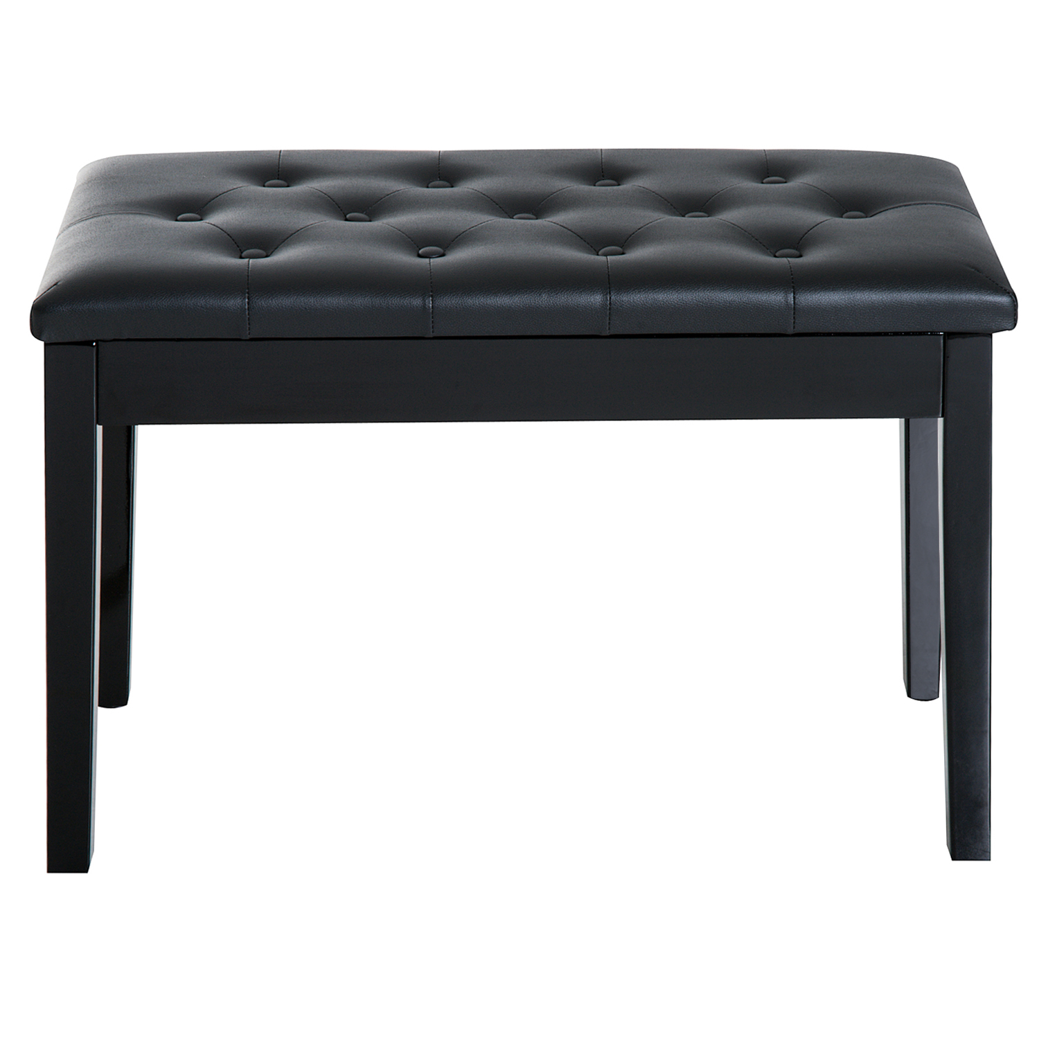 Un banco de piano negro acolchado con botones y patas de madera.