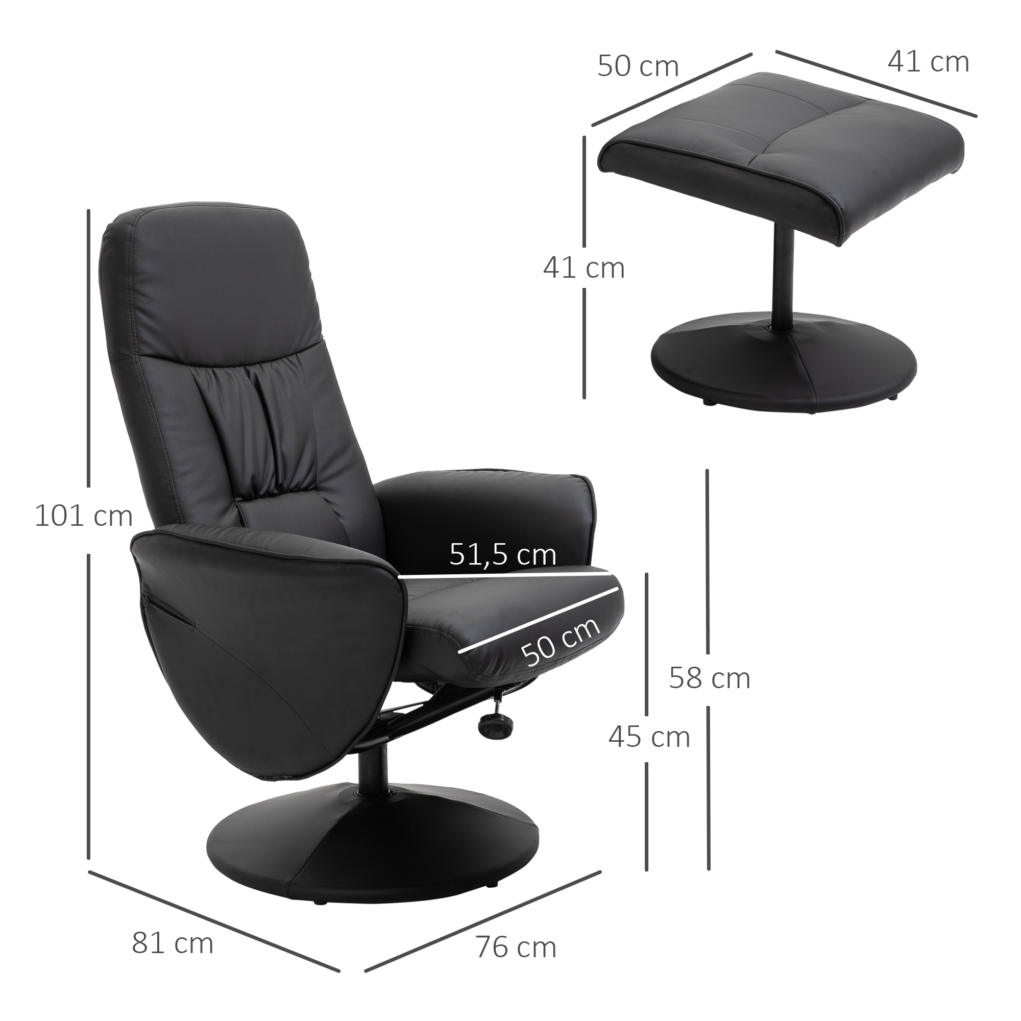 Sillón de cuero negro con reposapiés y dimensiones.