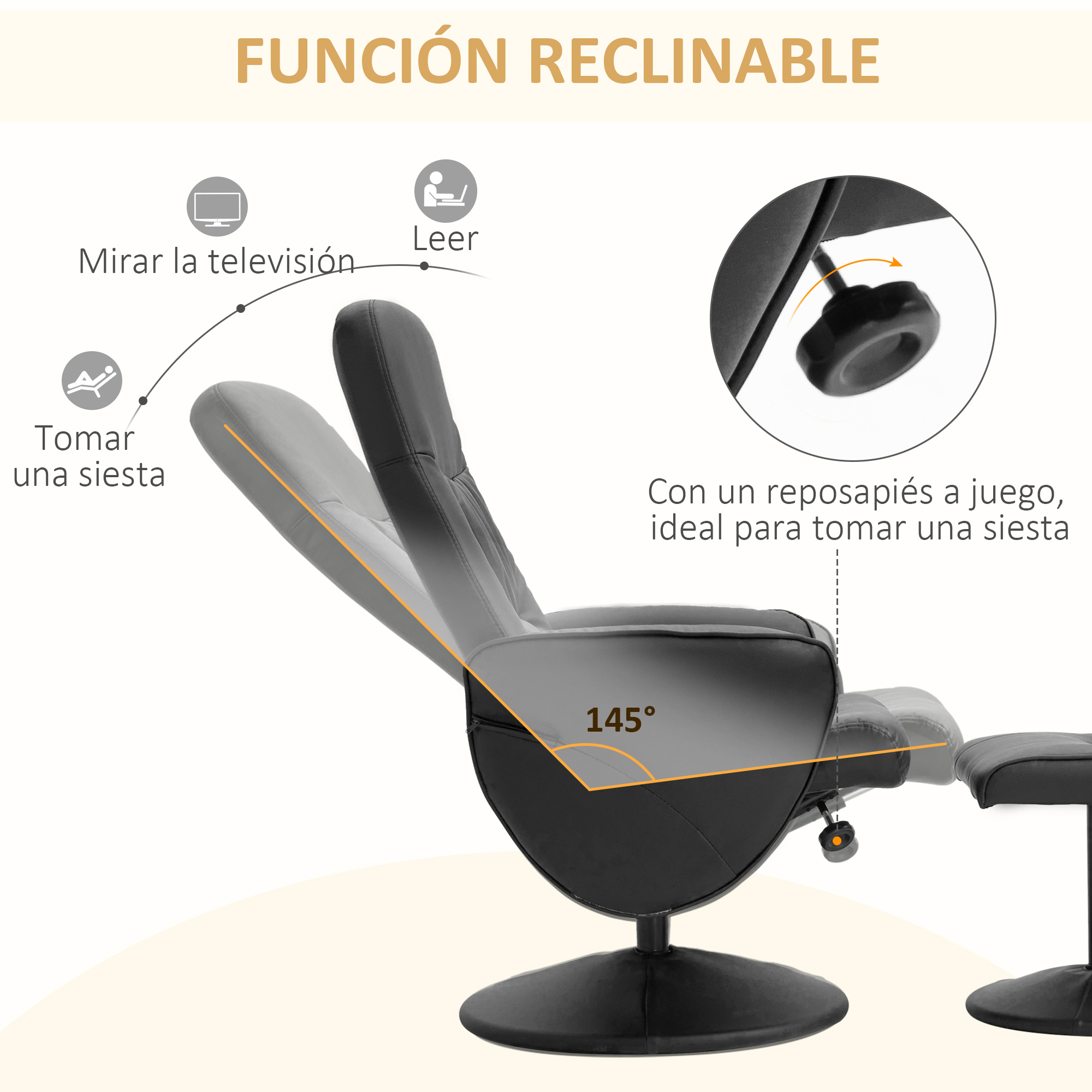 Sillón negro reclinable con reposapiés, ideal para siestas.