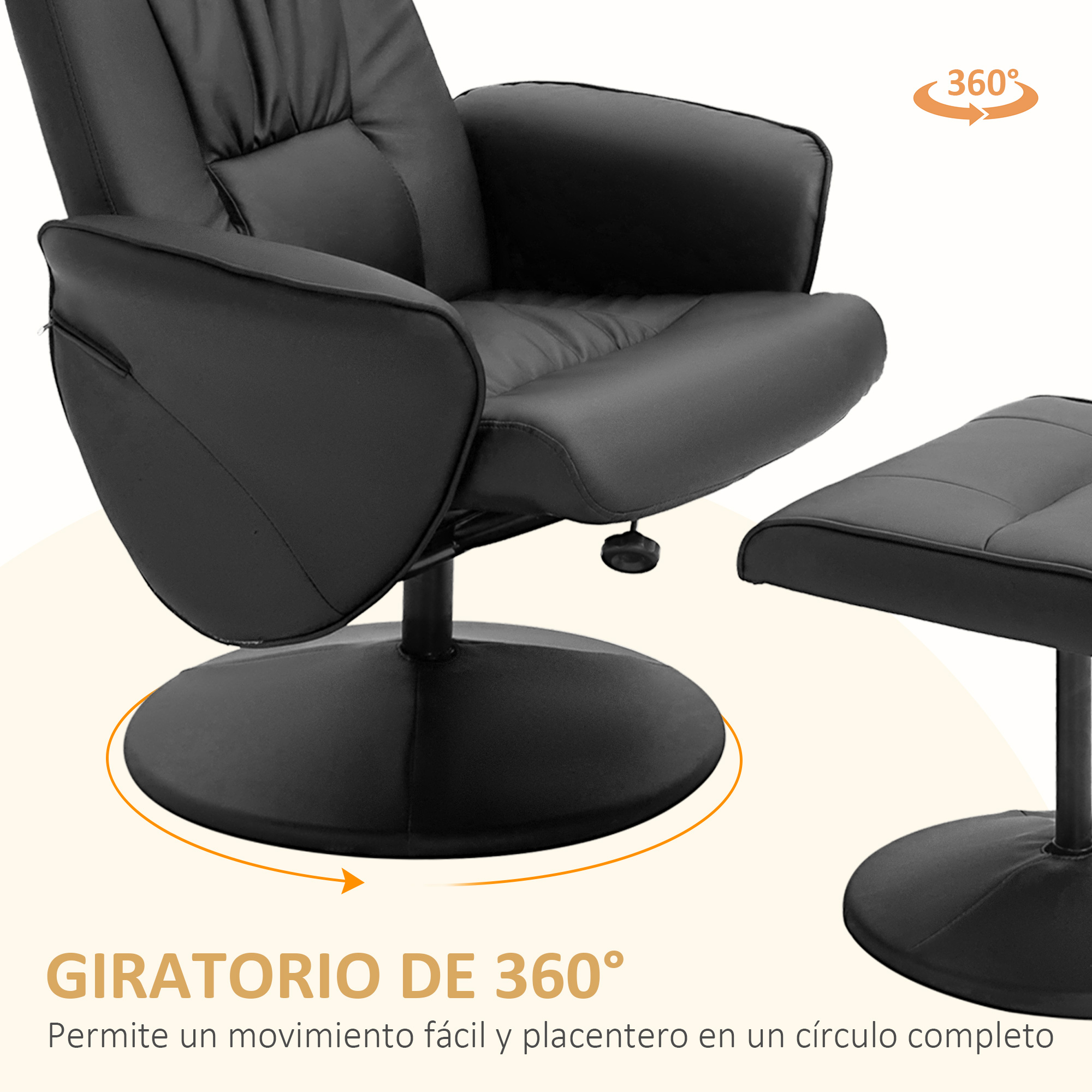 Silla giratoria negra con otomana y indicador de rotación 360.