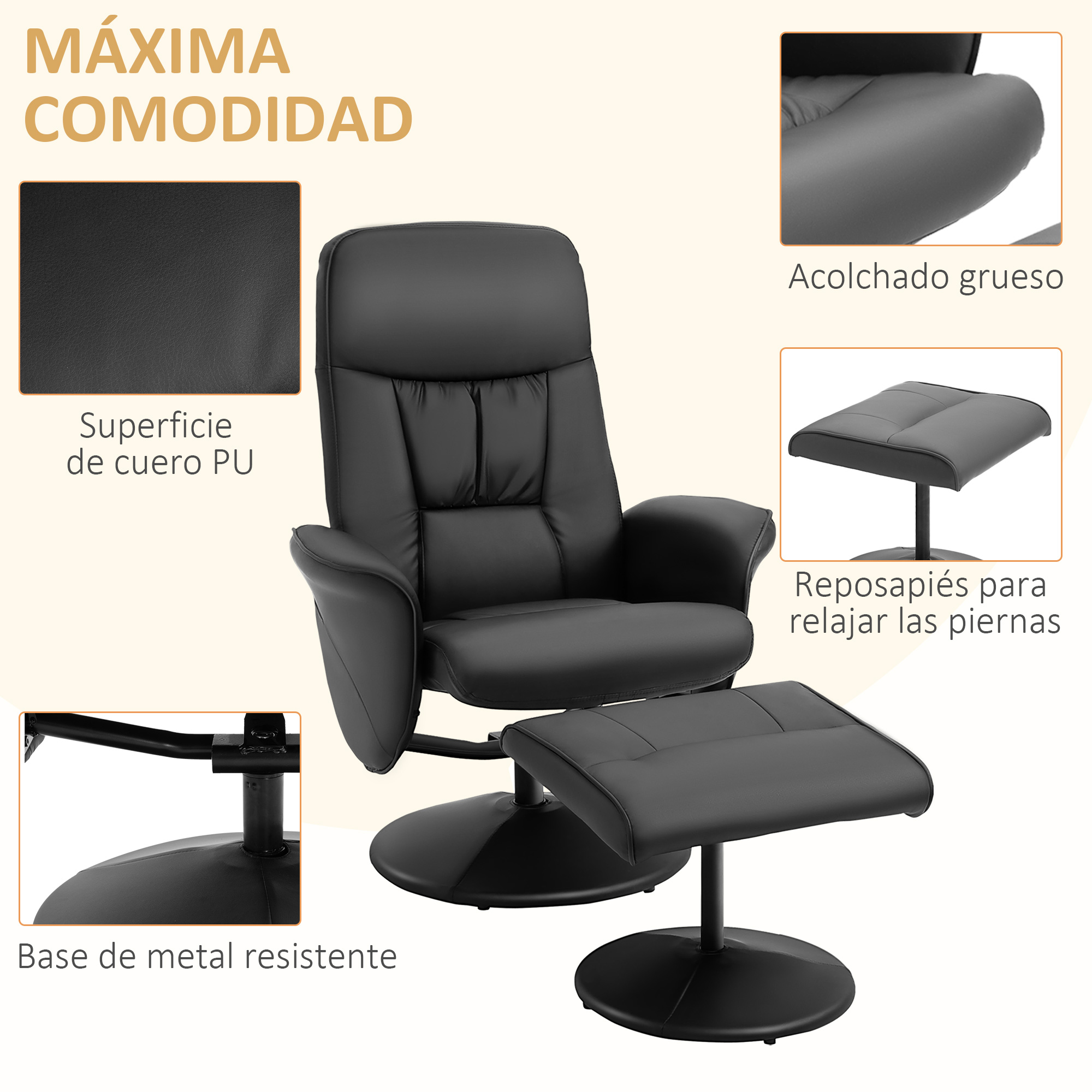 Sillón negro de cuero PU con reposapiés, base de metal y acolchado grueso.