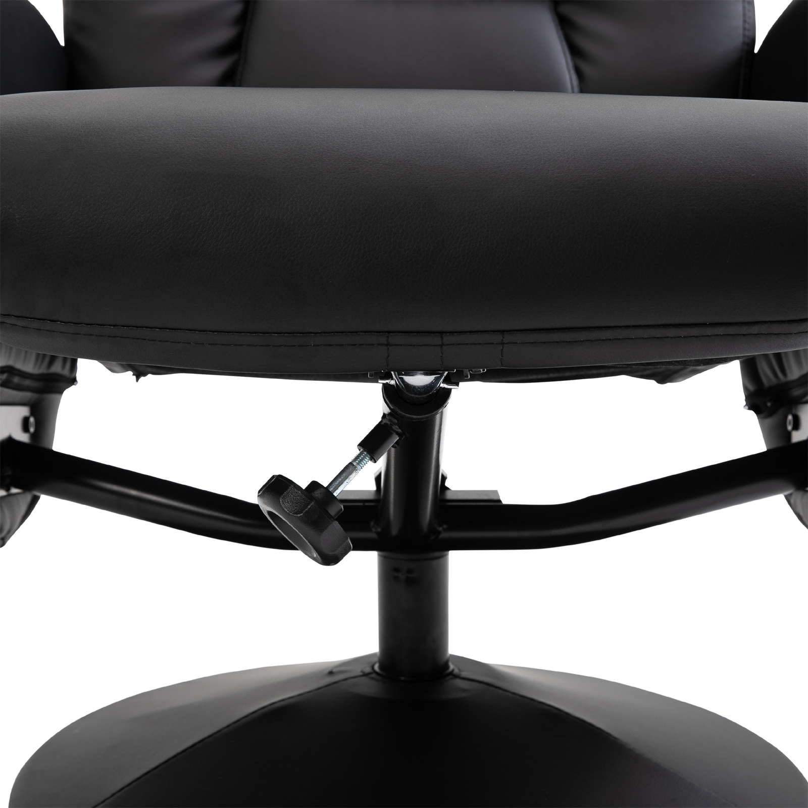 Primer plano del mecanismo del asiento de una silla negra con una perilla negra.