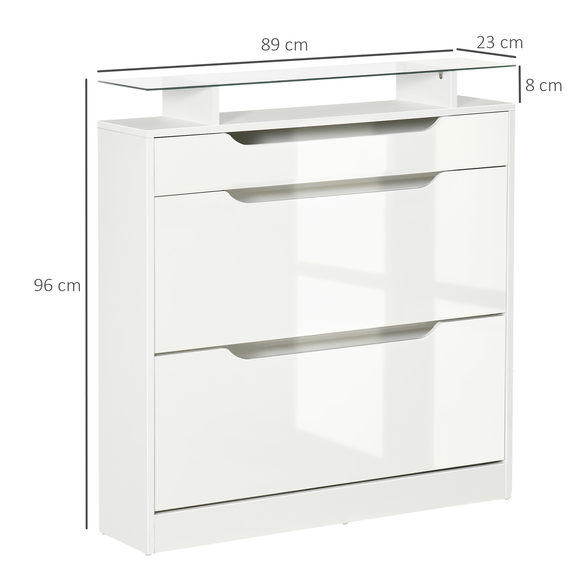 Mueble blanco para zapatos con dos cajones y estante de cristal. Dimensiones: 96x89x23cm.