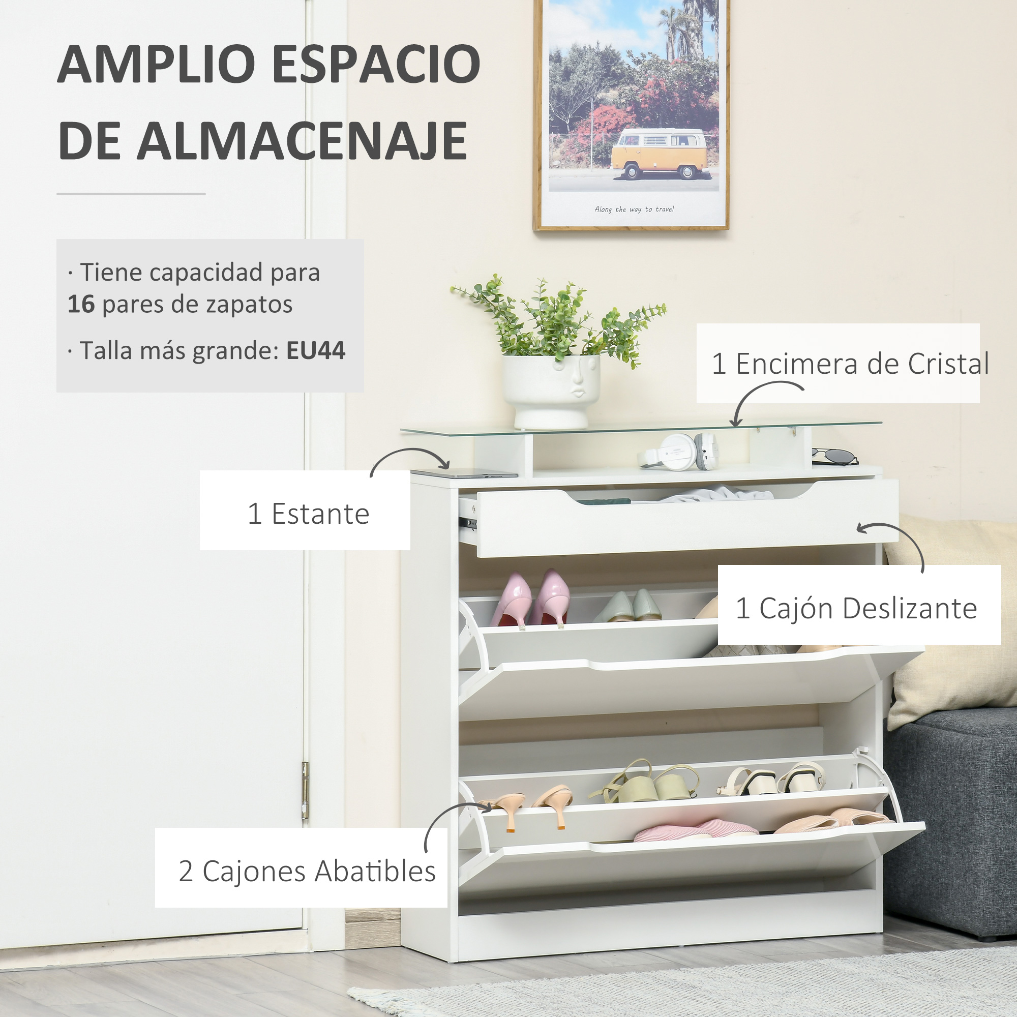 Zapatero blanco con tapa de cristal, cajones y puertas abatibles. Contiene zapatos.
