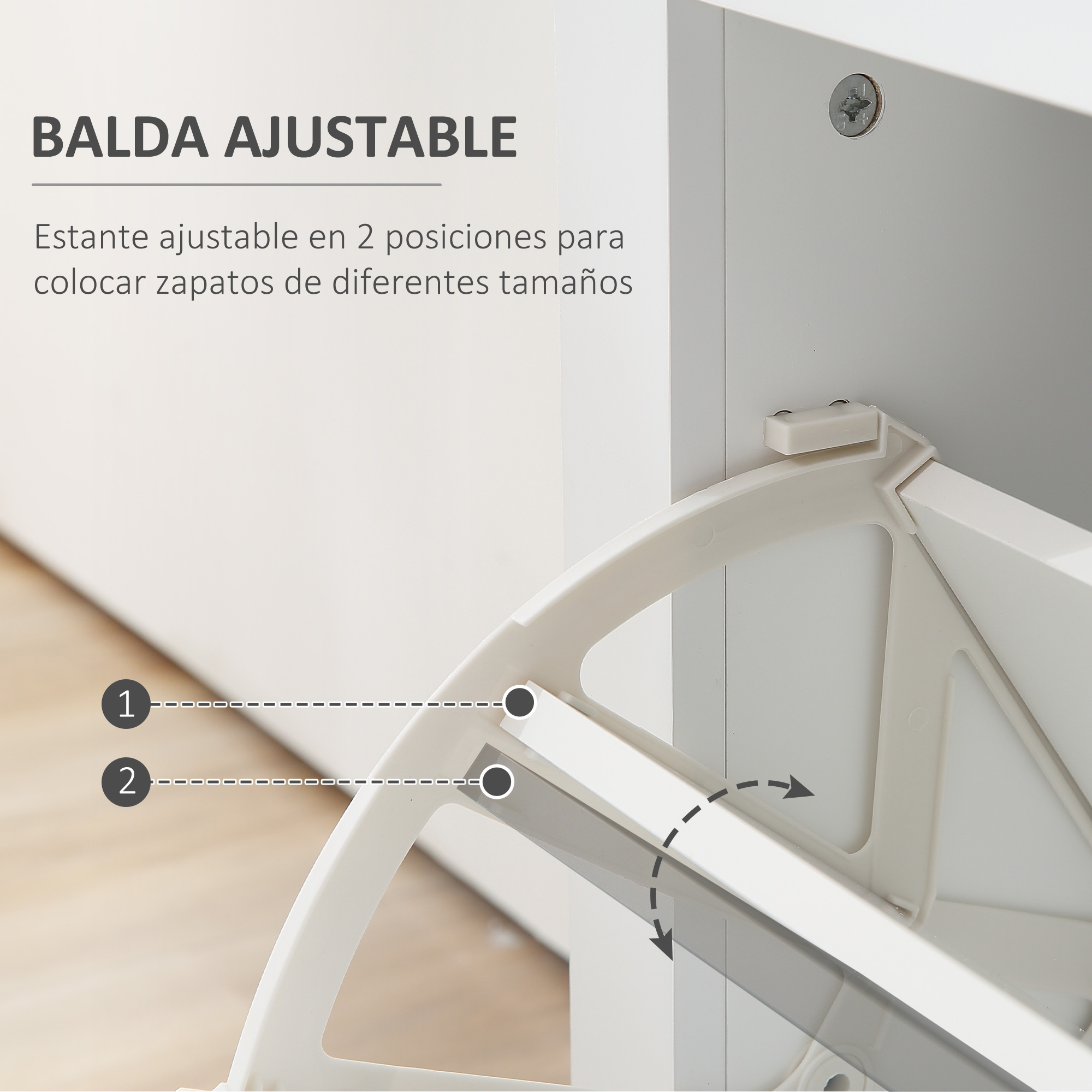Estante ajustable para zapatos con dos posiciones para zapatos de diferentes tamaños.