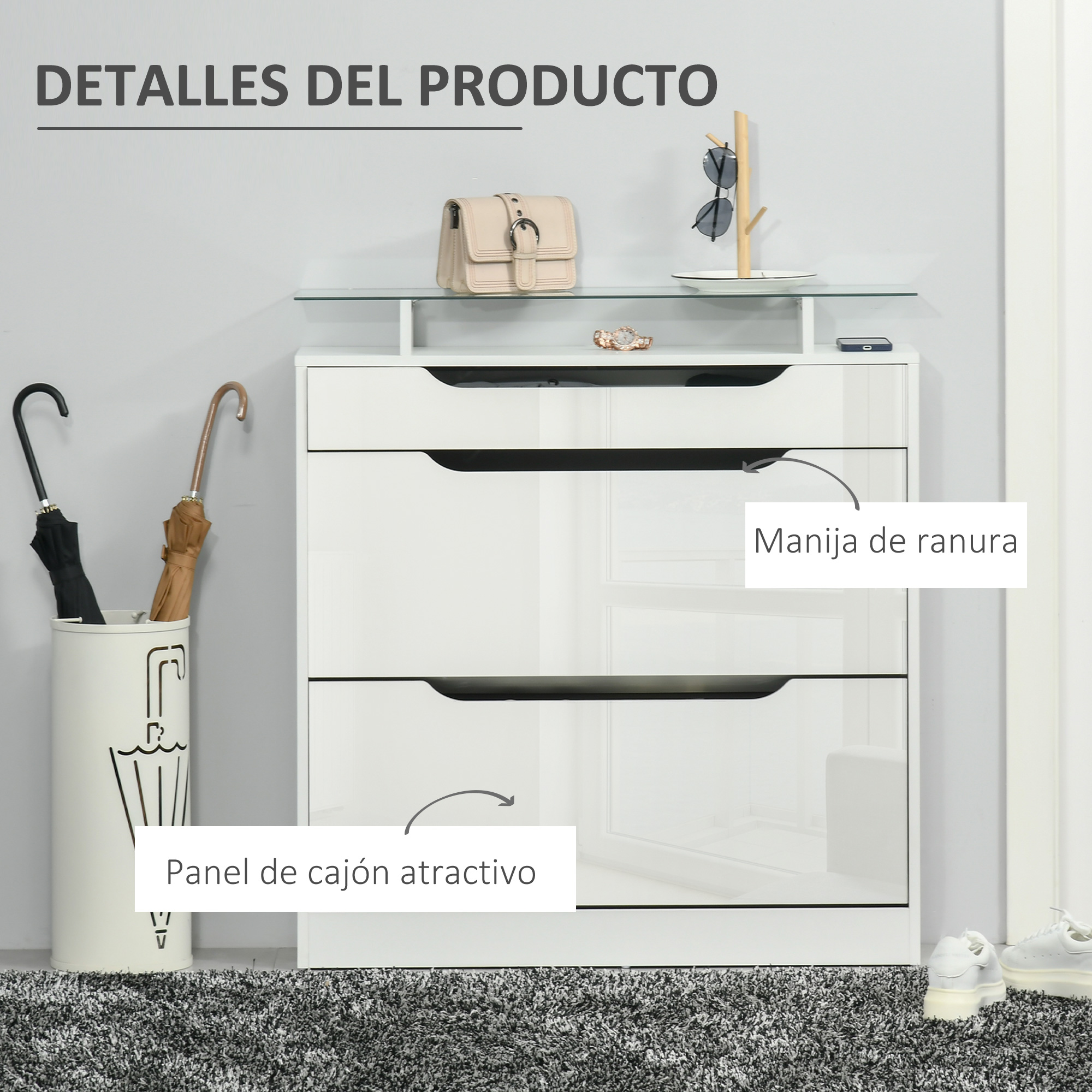 Mueble blanco con cajones, estantes, paraguas y accesorios.