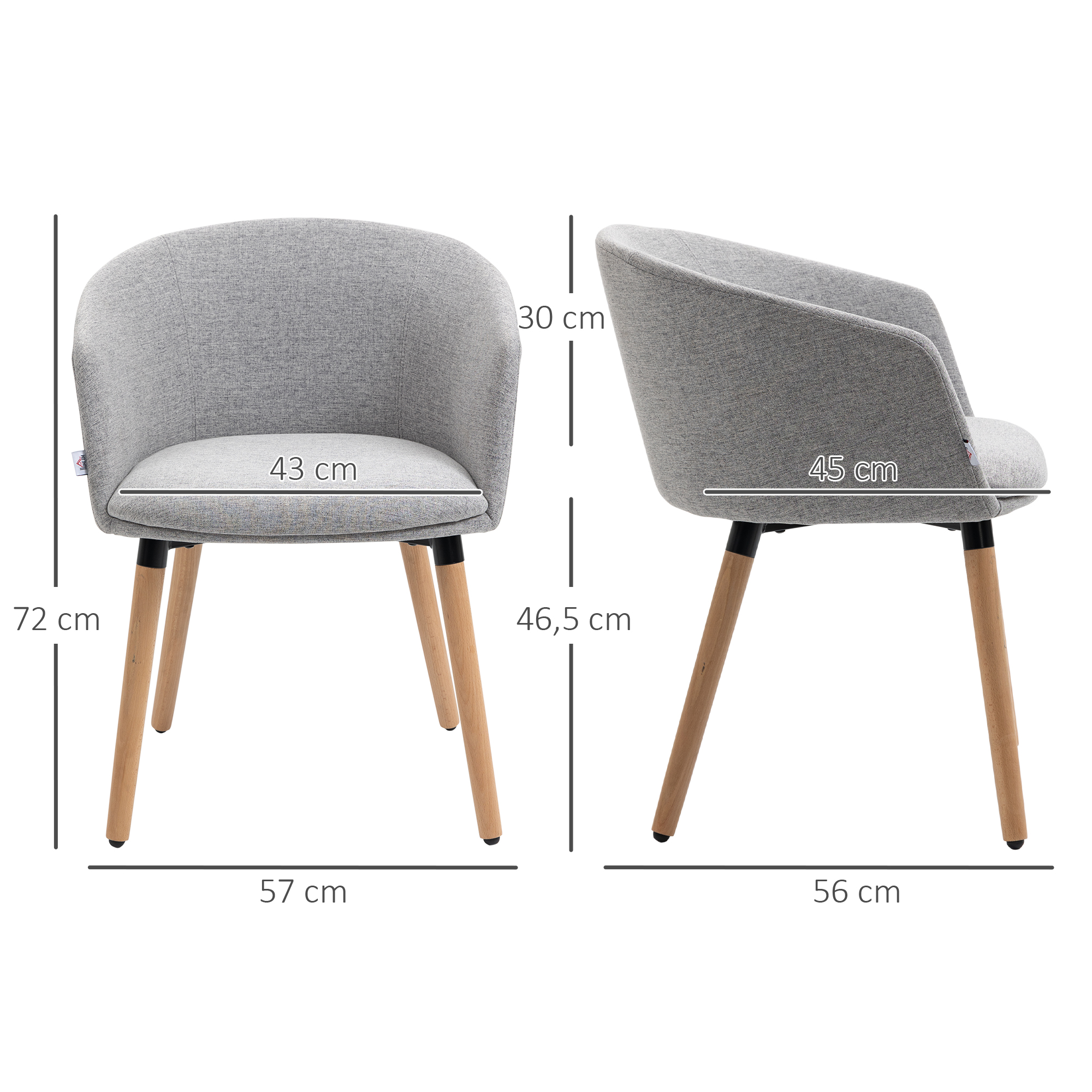 Silla de tela gris con patas de madera, se muestran dimensiones.