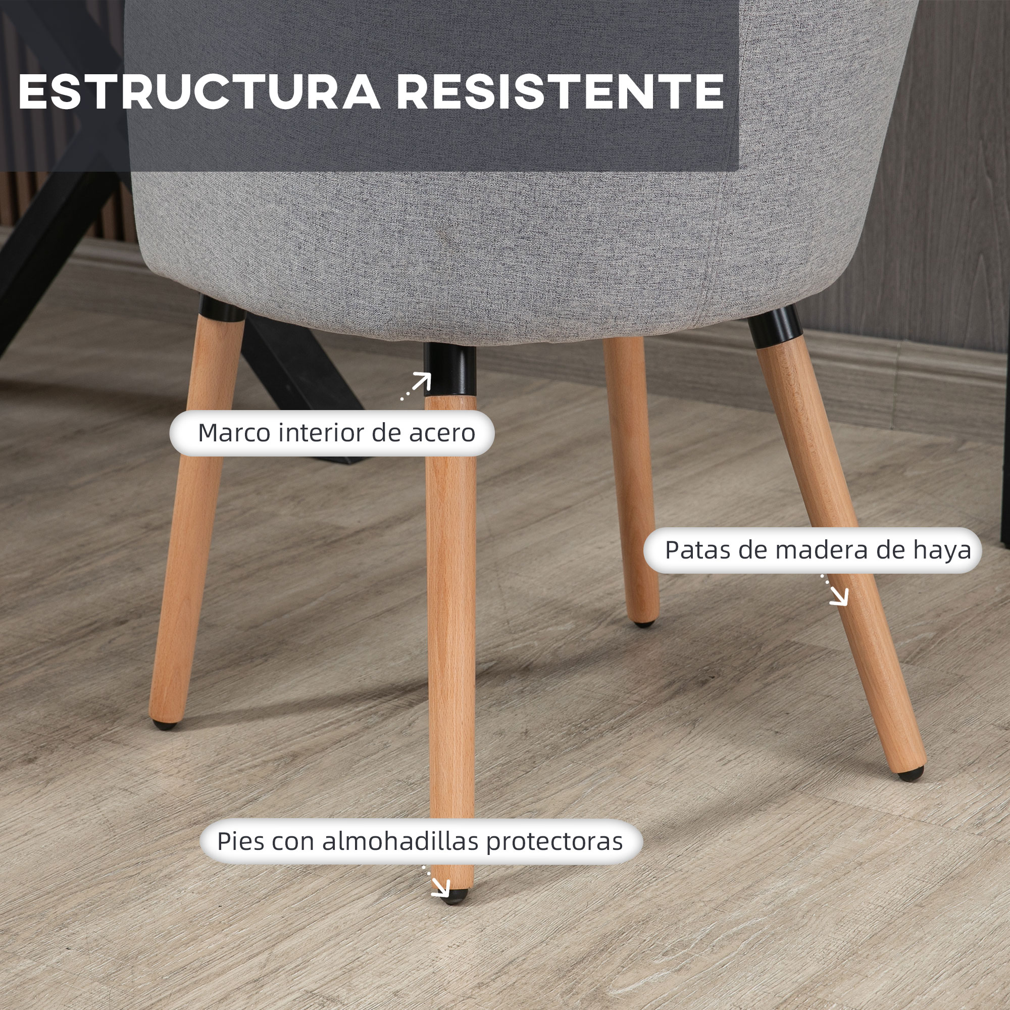 Silla gris con patas de madera y estructura de acero. Protectores de suelo.